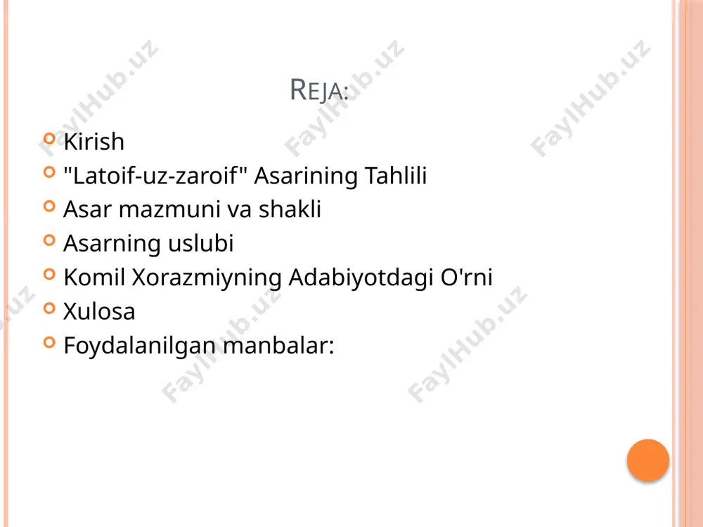 unda hayotdagi oddiy ko'rinadigan vaziyatlar o'zining chuqur ma'nolari bilan tasvirlanadi. asarning uslubi komil xorazmiy o'zining asarida yuqori mahorat bilan hikoyalar va epizodlar yaratadi. uning uslubi, o'zining soddaligi bilan birga, ma'nodor va chuqur fikrlar bilan to'ldirilgan. "latoif-uz-zaroif"da xorazmiyning o'ziga xos humoristik va sarkazmli uslubi aks etadi. asarda ko'plab satiralar, ijtimoiy va ma'naviy masalalarga oid nozik tahlillar mavjud. bu tahlillarning o'zi asarning zamonaviyligini ham ta'minlaydi. komil xorazmiyning adabiyotdagi o'rni komil xorazmiy o'zining adabiyotdagi o'rnini faqatgina "latoif-uz-zaroif" asari bilan emas, balki butun ijodi bilan belgilaydi. uning asarlarida muayyan vaqt va jamiyatning ruhiy holati aks etgan, o'z vaqtining ijtimoiy-iqtisodiy muammolariga, shuningdek, inson psixologiyasiga oid murakkab savollarni ko'tarilgan. komil xorazmiy nafaqat o'z zamonasi adabiyoti rivojida muhim rol o'ynagan, balki uning asarlari bugungi kunda ham dolzarbligini saqlaydi. xulosa komil xorazmiyning "latoif-uz-zaroif" asari o'rta osiyo adabiyotida o'ziga xos o'rin tutadi. ushbu asar adabiy uslub va ma'naviy o'ziga xoslikni o'zida mujassam etgan, zamonaviy o'quvchilarga katta ta'sir ko'rsatadigan badiiy …
