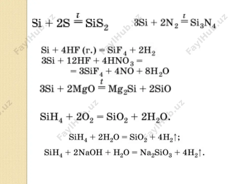 2sno3 + 4hcl = sncl4 + 3h2o h2sno3 + 2naoh = na2sno3 + 2h2o stannat kislota tuzlari stannatlar: mn, na2sno3 · β-stannat kislota qalayni hno3 da oksidlash yo’li bilan olinadi. bu kislota kislotalar bilan reaksiyaga kirishmaydi, ishqorlar bilan reaksiyaga kirishib, stannatlar hosil qiladi. sn tuzlaridan amaliy ahamiyatga ega bo’lganlari sn (iv)-xlorid bilan sn (iv)-sulfiddir. sn (iv)-xlorid 114ºc temperaturada qaynaydigan, havoda kuchli darajada tutaydigan suyuqlikdir. u gazlamalarni bo’yashda xurush sifatida ishlatiladi. sn (iv)-sulfid suvda erimaydigan, oltin rang sariq tusli qattiq modda. u “oltin hal” nomi bilan yog’och buyumlar, gips buyumlarga hal berish uchun ishlatiladi. qo'rg'oshin. yer po'stlog'ida 1,6·10–3 % ga teng. tabiatda birikmalar holida uchraydi. sanoatda pb olish uchun qo’rg’oshin rudasi avval kuydirib olinadi. hosil bo’ladigan pbo ko’mir vositasida qaytariladi: 2pbs + 3o2 = 2pbo + 2so2 pbo + c = pb + co pb–och havorang oq tusli, yumshoq va og'ir metalldir, zichligi 11,34 g/sm3, suyuqlanish temperaturasi 327,4ºc ga teng. pb …