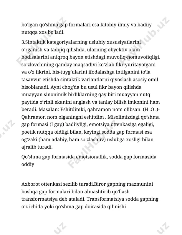 ligini anglash va ulardan o’rinli foydalanish imkonini ochishga xizmat qiladi. bunga qanoat hosil qilmoq uchun matnshunoslikdan xabardor bo’lmoq o’zi yetarli. foydanilgan adabiyotlar: 1. ziyodova т., shamsiyeva m. hozirgi o’zbek adabiy tili uslubiyati. toshkent: a. qodiriy nomidagi xalq merosi nashriyoti, 2003. 2. mukarramov m. hozirgi o’zbek adabiy tilining ilmiy stili. –toshkent: fan, 1984. 3. abdullayev a. o’zbek tilida ekspressivlikning ifodalanishi, -toshkent: fan, 1983.