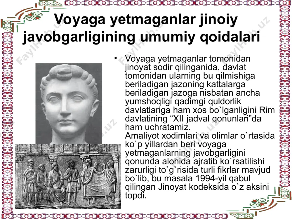 at sodir etishining oldindani olish masalasi respublikamizda barchani o`ylantirayotgan eng og`riqli, achinarli va dolzarb muammolardan biridir. chunki kelajagimiz, yosh avlodning barkamolligi bilan bog`liqdir. ularni tarbiyalash, jamiyat uchun foydali, ma`naviy sog`lom qilib yetishtirish har birimizning burchimizdir. voyaga yetmaganlar jinoyatchiligining sabablariga to`xtalib o`tadigan bo`lsak, voyaga yetmagan shaxslarni jinoyatga yetaklaydigan sabab va shart-sharoitlar quyidagilardan iboratdir: 1) aholi turmush darajasining pasayishi; 2) ota-ona, tarbiyachilar, maktab, internat va boshqa muassasalarda bolalar tarbiyasi bilan yetarli darajada shug`ullanmaslik, tarbiyaviy, profilaktik tadbirlarning o`tkazilmasligi. masalan, 1999-yilning birinchi yarmida jinoyat sodir etgan voyaga yetmaganlar 1105 kishini tashkil etib, 372 tasi (33.6%) hech qayerda o`qimagan, 110 tasi mast holatda jinoyat sodir etgan voyaga yetmagan shaxslardir. 3) oila, maktab va o`quv muassasalarida nazoratning sustligi; 4) voyaga yetmagan shaxs yashayotgan, o`qiyotgan mikromuhitdagi kriminologik sharoit; 5) maktablarda yuristlar va psihologlarning faoliyat olib bormasliklari; 6) oilalardagi ajrashib ketish, ota yoki onalik huquqidan mahrum qilish holatlarining yuqoriligi. masalan, 1999-yilning birinchi yarmida voyaga yetmagan sudlanganlar 1105 kishini …