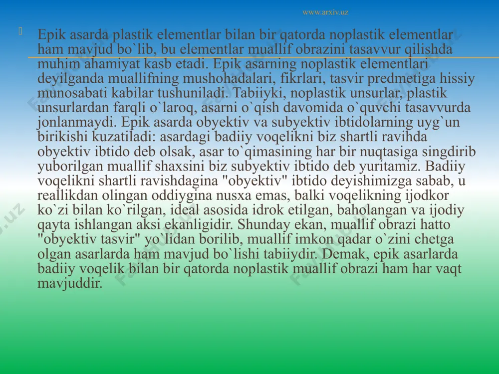 ik turga mansub asarlarga, voqealarni faqat qahramonlar nutqi orkali ma`lum qilish .bilan esa lirik asarlarga uxshaydi. hayotni badiiy aks ettirishning ikki turiga xos sifatlarni o`zida mujassamlashtirgani bone drama turiga mansub asarlar so`z san`atining yuksak cho`qqisi deb ta`riflanadi. www.arxiv.uz adabiyotlar: adabiy turlar va janrlar(tarixi va nazariyasiga doir): 3 tomlik.- t.1.- t.:fan,1991. adabiyot nazariyasi: 2 tomlik. t.2.-t.,1979 o`zbek adabiyotida janrlar tipologiyasi va uslublar rang-barangligi.-t.:fan,1983. normatov u.,quronov d. romanning yangi umri\\jahon adabiyoti.-2001.-№9 www.arxiv.uz image3.jpg image4.jpg image5.jpg /docprops/thumbnail.jpeg