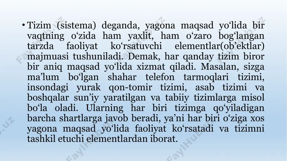 ishi bilan boshqarish ham murakkablashadiki, o‘z navbatida, u axborot tizimlarini takomillashtirish va rivojlantirishni rag‘batlantiradi. kibernetik yondoshuvga muvofiq boshqaruv tizimi boshqaruv ob’ekti yig‘indisini (masalan, korxonalar, tashkilotlar va hokazo) va boshqaruv sub’ekti, boshqaruv apparatini o‘zida namoyon etadi. boshqaruv apparati deganda maqsadlarni shakllantiruvchi, rejalarni ishlab chiquvchi, qabul qilingan qarorlarga talablarni moslashtiruvchi, shuningdek ularning bajarilishini nazorat qiluvchi xodimlar tushuniladi. boshqaruv ob’ekti vazifasiga esa boshqaruv apparati ishlab chiqqan rejalarni bajarish kiradi, ya’ni boshqaruv tizimining o‘zi shu ishlarni amalga oshirish uchun tuzilgandir. axborot tizimlari jamiyat paydo bo‘lgan paytdan boshlab mavjud bo‘lgan, chunki rivojlanishning turli bosqichida jamiyat o‘z boshqaruvi uchun tizimlashtirilgan, oldindan tayyorlangan axborotni talab etgan. bu, ayniqsa ishlab chiqarish jarayonlari – moddiy va nomoddiy ne’matlarini ishlab chiqarish bilan bog‘liq jarayonlarga tegishlidir. chunki ular jamiyat rivoji uchun hayotiy muhim ahamiyatga ega. aynan ishlab chiqarish jarayonlari tezkor takomillashadi. ularning rivojlanib borishi bilan boshqarish ham murakkablashadiki, o‘z navbatida, u axborot tizimlarini takomillashtirish va rivojlantirishni rag‘batlantiradi. kibernetik yondoshuvga muvofiq boshqaruv …