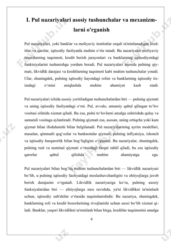 ‘zgarishlar bilan bog‘liq muammolar, yangi nazariyalar va yondashuvlarni yaratishni talab qilmoqda. shu bilan birga, pul nazariyalari, iqtisodiy barqarorlik, iqtisodiy o‘sish va jamiyat uchun moliyaviy xizmatlarning sifati uchun muhim ahamiyatga ega bo‘lib, kelajakda ularning rivojlanishi uchun yangi imkoniyatlar ochiladi. ii. banklar va kreditlarning iqtisodiy ta'sirlarini tahlil qilish banklar va kreditlarning iqtisodiy ta'sirlarini tahlil qilishda, ularning mamlakat iqtisodiyotiga ta'siri keng qamrovli va murakkab jarayonlarni o'z ichiga oladi. banklar, asosan, moliyaviy resurslarni taqsimlashda muhim rol o'ynaydi, ular orqali jamiyatdagi o'zaro iqtisodiy aloqalar rivojlanadi va iqtisodiy o'sishga zamin yaratadi. kreditlar esa, iqtisodiy faoliyatning turli sohalarida kapitalni kengaytirish va yangi investitsiyalarni amalga oshirish uchun asosiy mexanizm hisoblanadi. ularning iqtisodiy ta'sirlarini tushunish uchun avvalo, banklar va kreditlarning qanday ishlash mexanizmlari va ularning iqtisodiyotdagi funksiyalari haqida chuqurroq fikr yuritish zarur. banklarning iqtisodiy ta'sirini baholashda, avvalo, ularning pul ta'minoti va likvidlikni boshqarishdagi roli muhimdir. banklar nafaqat depozitlar qabul qilish va kreditlar berish bilan shug'ullanadi, balki ular orqali pul …