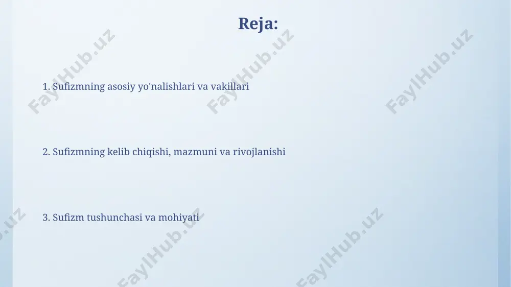 fizmning rivojlanishiga sezilarli hissa qoʻshganlar. sufizm, 8-asrda xorazm va buxoro kabi markaziy osiyo shaharlarida paydo boʻlib, islomning tasavvuf yoʻnalishi sifatida shakllandi va 12 ta asosiy tariqatga boʻlindi. sufizmning zamonaviy holati xxi asrda dunyoning 100 dan ortiq mamlakatida, jumladan, o'zbekiston, turkiya va indoneziyada sufizmning turli tariqatlari faol ravishda mavjud bo'lib, millionlab izdoshlarga ega. sufizmning zamonaviy ifodasi, an'anaviy qadriyatlar bilan birga, zamonaviy psixologiya va psixoterapiya usullarini, masalan, aqsh va yevropa mamlakatlarida, o'z ichiga olgan holda rivojlanmoqda. sufiylik tarixiy shakllanishi 12-13-asrlarda, movarounnahr va xuroson hududlarida, xoja ahmad yasaviy va bahouddin naqshbandiy kabi buyuk sufiy shaxslarning faoliyati tufayli, turkiy xalqlar orasida tasavvuf keng tarqaldi va o'ziga xos xususiyatlarga ega bo'ldi. sufiylikning shakllanishiga ilk musulmon olimlari va faqirlari, xususan, hasan al-basriy (vafot etgan 728) kabi shaxslarning ta'siri katta bo'lgan, ularning ta'limoti keyinchalik turli tariqatlarning asosini tashkil etgan. e'tiboringiz uchun rahmat @taqdimot_robot image4.png image5.jpg image6.jpg image7.jpg image8.jpg image9.jpg image10.jpg image11.jpg image3.jpeg