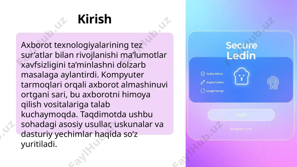 n system (ids) - kirishni aniqlash tizimi ids - tarmoqdagi shubhali faoliyatni aniqlash uchun ishlatiladi. u tarmoq trafigini tahlil qiladi va g'ayrioddiy yoki zararli faoliyatni aniqlaganda ogohlantirish beradi. ids faqat aniqlash vazifasini bajaradi va bloklashni talab qilmaydi. bu esa, xavfsizlik xodimlariga hujumlarni tezda aniqlash va ularga qarshi choralar ko'rish imkoniyatini beradi. idsning afzalliklari: hujumlarni erta aniqlash, tarmoq anomaliyalarini monitoring qilish va xavfsizlik siyosatini yaxshilash. kamchiliklari: soxta ogohlantirishlar soni ko'p bo'lishi mumkin, bloklash funksiyasi yo'q. 16 virtual private network (vpn) - virtual xususiy tarmoq vpn - internet orqali xavfsiz va shifrlangan aloqani ta'minlash uchun ishlatiladi. u foydalanuvchining internet trafigini shifrlaydi va uning ip-manzilini yashiradi. bu esa, foydalanuvchining shaxsiy ma'lumotlarini himoya qiladi va anonimlikni ta'minlaydi. vpn ayniqsa, ochiq wi-fi tarmoqlarida xavfsizlikni ta'minlash uchun juda muhimdir. vpnning afzalliklari: xavfsiz aloqa, shaxsiy ma'lumotlarni himoya qilish va anonimlikni ta'minlash. kamchiliklari: internet tezligini sekinlashtirishi mumkin, ba'zi vpn provayderlari ma'lumotlarni saqlashi mumkin. 17 antivirus dasturlari antivirus dasturlari …