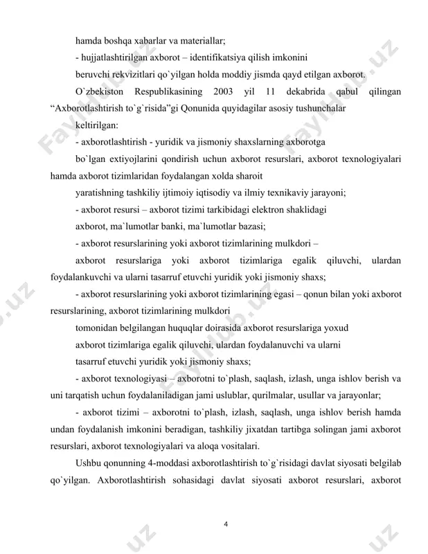 akomillashtirishning zamonaviy jaxon tamoiyilllarini hisobga olgan xolda milliy axborot tizimini yaratishga qaratilgan. axborotlashtirish sohasidagi davlat siyosatining asosiy yo`nalishlari quyidagilardan iborat: — har kimning axborotni erkin olish va tarqatishga konstitutsiyaviy huquqlarini amalga oshirish, axborot resurslaridan erkin foydalanishini ta`minlash; — davlat organlarining axborot tizimlari, tarmoq va hududiy axborot tizimlari, shuningdek yuridik hamda jismoniy shaxslarning axborot tizimlari asosida o`zbekiston respublikasining yagona axborot makonini yaratish; — xalqaro axborot tarmoqlari va internet jaxon axborot tarmog`idan erkin foydalanish uchun sharoit yaratish; — davlat axborot resurslarini shakllantirish, axborot tizimlarini yaratish hamda rivojlantirish, ularning bir biriga mosligini va o`zaro aloqada ishlashini ta`minlash; — axborot texnologiyalarining zamonaviy vositalari ishlab chiqarishini tashkil etish; — axborot resurslari, xizmatlari va axborot texnologiyalari bozorini shakllantirishga kumaklashish; — dasturiy maxsulotlar ishlab chiqarish rivojlantirilishini rag`batlantirish; — tadbirkorlikni qo`llab quvvatlash vav raxbatlantirish, investitsiyalarini jalb etish uchun qo`lay sharoit yaratish; — kadrlar tayyorlash va ularning malakasini oshirish, ilmiy tadqiqotlarni rag`batlantirish. axborot idrok etuvchi subyekt yoki texnik qurilma …
