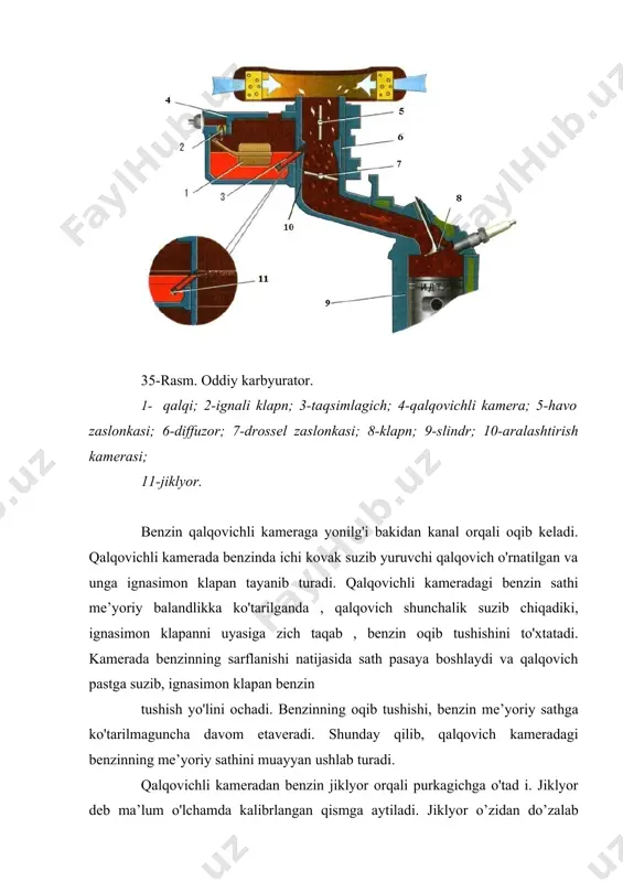 ashma (α=l,0) me’yoriy deyiladi. amalda nazariy aralashmada benzin to’la yonmaydi. to’la yonishni ta’minlash uchun 1 kg benzinga 17-18 kg havo darkor bo’ladi. lekin aralashmadagi ortiqcha havo, benzinning to’la yonishini orttirish bilan birga yonish tezligining pasayishiga olib keladi. bu esa, o ‘z navbatida dvigatel quvvatining kamayishiga olib keladi. aralashmaning yonish tezligini oshirish uchun aralashmadagi havo miqdorini kamaytirish lozim. eng katta yonish tezligi 1 kg benzinga taxminan 13 kg havo to’g’ri kelganda sodir bo’ladi. bu nisbatdagi aralashma dvigateldan katta quvvat olishni ta’minlaydi, lekin benzinning yonishi to’la bo’lmaganligi sababli yonilg’i tejamkorligi yomonlashadi. shunday qilib, yonuvchi aralashmadagi havo miqdori nazariy miqdorga nisbatan ko'payib ketsa (α > l,0), bunday aralashma kambag'al; kamayib ketsa (α< l,0), boy aralashma deyiladi. haddan tashqari boy yoki kambag’al yonuvchi aralashma alangalanmaydi. havoni benzinga nisbati eng kam va eng ko’p bo'lganda aralashmaning elektr uchqunidan yonish imkoniyati aralashmaning alangalanish chegarasi deyiladi. boy aralashmani alangalanish chegarasi (α≈0,4) yuqori, kambag'al aralashmaning alangalanish chegarasi (a≈1,4) …