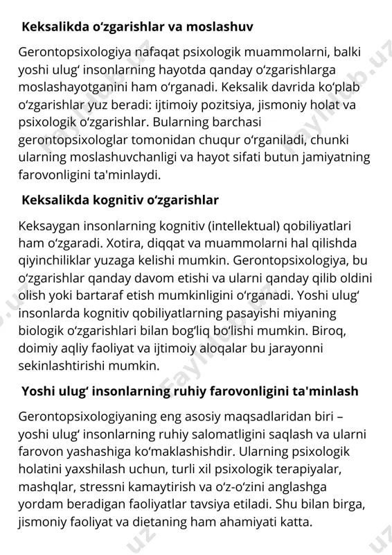 italaridan foydalanish va boshqa o‘zgarishlarni o‘z ichiga oladi. gerontopsixologiya bu jarayonlarni tushunish va yoshi ulug‘ insonlarga moslashishda yordam berish uchun muhimdir. gerontopsixologiyaning pedagogik roli gerontopsixologiya nafaqat psixologik, balki pedagogik yondashuvlarni ham o‘z ichiga oladi. keksalar uchun ta'lim olish va yangi bilimlarni o‘zlashtirish – bu ularning ruhiy farovonligini ta'minlashda yordam beradigan muhim omildir. pedagogik yondashuvlar gerontopsixologiyaning bir qismi sifatida, keksalar bilan ishlashda samarali usullarni ishlab chiqadi. gerontopsixologiyaning interdisipliner xususiyati gerontopsixologiya – bu interdisipliner soha bo‘lib, unda psixologiya, tibbiyot, sotsiologiya va pedagogika kabi fanlar birlashadi. bu soha, yoshi ulug‘ insonlarning turli ehtiyojlarini qamrab olish va ularning salomatligi hamda farovonligini yaxshilash uchun turli sohalarning bilimlarini uyg‘unlashtiradi. gerontopsixologiyada innovatsiyalar yoshi ulug‘ insonlarning ehtiyojlarini inobatga olgan holda, gerontopsixologiyada innovatsiyalar joriy qilinmoqda. turli texnologiyalar, masalan, keksalar uchun maxsus dasturlar, virtual terapiyalar va kognitiv treninglar keksalarning ruhiy holatini yaxshilashda yordam beradi. shu bilan birga, psixologik yondashuvlar va usullarni yangilash gerontopsixologiyaning rivojlanishiga katta hissa qo‘shmoqda. xulosa gerontopsixologiya nafaqat …
