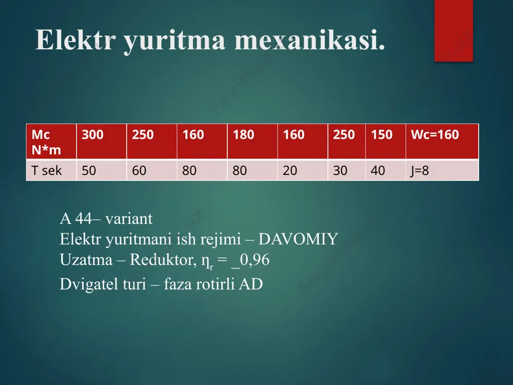 lari asinxron dvigatelni dinamik tormozladim bu usul bilan tormozlashda dvigatel tarmoqlari uzilib uning statoriga uning kuchlanishi beriladi. rotoriga esa qo’shimcha tormozlovchi qarshilik beriladi. ekvivalent o’zgaruvchan tok i = 1/k=165/0,82=201 a asinxron dvigatelni dinamik tormozlashda kritik sirpanish = 183+(-125) / 183 =0,316 dinamik tormozlash xarakteristikalari ham kloss formulasi bo’yicha hisobladim m=2 mmax/(s/sk+ sk/s)= 2*834/((0,1/0,316)+(0,316/0,1))=480[n*m] =183*(1-1,1)=18,3 asinxron dvigatelni dinamik tormozlash harakteristikasi asinxron dvigatelni dinamik tormozlash harakteristikasi jadvali o’zgarmas tok i statorda im da o’zgaruvchan tok hosil qiladigan eyukani hosil qiladi s 0 0,1 0,2 0,3 0,316 0,4 0,6 0,9 1 m 0 480 753 832 834 817 687 570 480 w 0 18,3 36,6 54 76 73 109 146 183 asinxron dvigatel: tm =(j∙ω0)/mk =(j∙ω0∙sh)/m=9*185/834=1,974 sek oʻtkinchirejimvaqti har bir pog’ona uchun aniqladim: ti = tmln [(mk – mci) / (mi – mci)]= 194ln[854-254/680-254=0,60 sek t2=0,46 sek t3=0,38 sek; t4=0,33 sek =600 n*m m2=579 n*m m3=564 n*m ; m4=560 n*m elektr yuritmani reostatli …