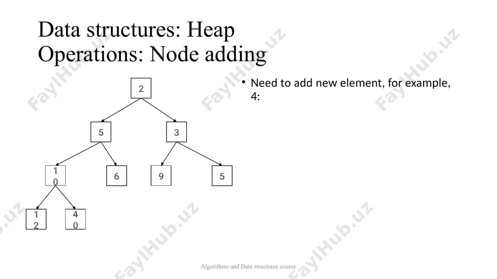 root index = 1 3 4 5 5 6 9 10 40 12 data structures: heap how to store? algorithms and data structures course we can use an array: left child index = parent index * 2 right child index = parent index * 2 + 1 parent index = child index / 2 root index = 1 3 4 5 5 6 9 10 40 12 index = 1 data structures: heap how to store? algorithms and data structures course we can use an array: left child index = parent index * 2 right child index = parent index * 2 + 1 parent index = child index / 2 root index = 1 3 4 5 5 6 9 10 40 12 index = 1 1*2 = 2 data structures: heap how to store? algorithms and data structures course we can use an array: left child index = …