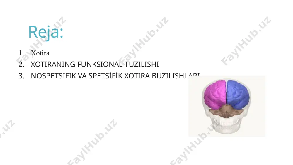 (mas, elektr shok, narkoz taʼsirida) u buziladi. uzoq muddatli xotirada axborotlar odam umri boʻyi saqlanib turli taʼsirlarga chidamli boʻladi. kisqa muddatli xotira astasekin uzoq muddatli xotiraga aylanadi. xotira ruhiyatning oʻtmish holati bilan hozirgi holati va kelgusidagi holatlarga tayyorlash jarayonlari oʻrtasidagi oʻzaro aloqadorlikni koʻrsatadi. boshqa psixik hodisalar kabi xotira ham shaxsning xususiyatlari, uning ehtiyoji, qiziqishlari, odati, feʼl-atvori va sh.k. bilan uzviy bogʻliq. xotira namoyon boʻlishdagi shakliga koʻra, shartli ravishda emotsional xotira (histuygʻuni esda tutish), obraz xotirasi (narsalarning tasviri va xususiyatlarini esda tutish), soʻz*mantiq xotirasi (narsalarning mohiyati, mazmunini soʻz bilan ifodalangan hodda esda tutish) kabi turlarga boʻlinadi. bulardan insonda soʻz*mantiq xotirasi yetakchi oʻrin tutadi. xotiraning barcha turi bir-birlari bilan chambarchas bogʻliq holda kechadi. psixologiyada, shuningdek, ixtiyoriy va ixtiyorsiz xotiralar farq qilinadi. ixtiyoriy xotirada muayyan materialni esda olib qolish oldindan maqsad qilib qoʻyiladi; ixtiyorsiz xotirada bunday maksad boʻlmaydi — biror faoliyatda (mas, mehnat jarayonida yoki kim bilandir suhbatlashib turilganda) oʻz*oʻzidan esda saqlab qolinadi. …