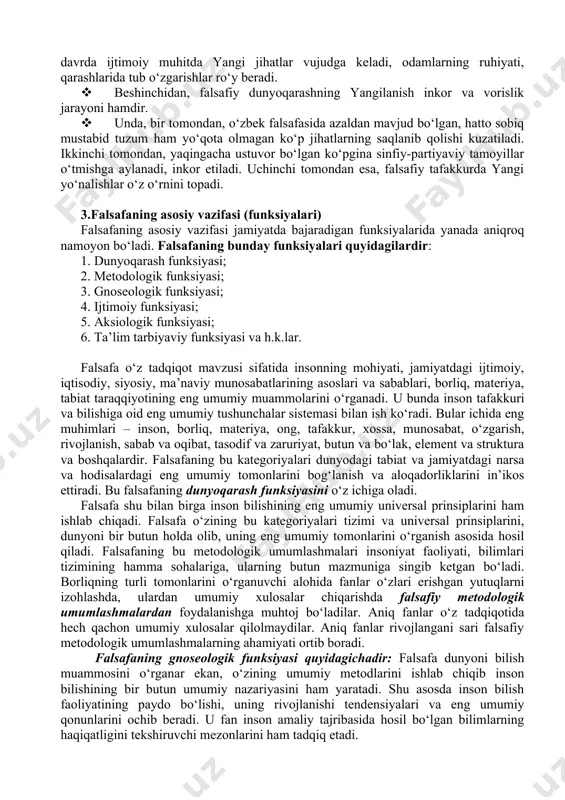 da, bozor munosabatlariga bosqichma-bosqich o‘tish jarayoni, yangi ijtimoiy-iqtisodiy munosabatlarining qaror topa borishi, islohatlarning inson manfaatlariga xizmat qilishi, milliy uyg‘onish ijtimoiy taraqqiyot taqozosi, komil insonni voyaga etkazish davr talabi ekani kabi dasturiy vazifalarning hayotiyligi to‘g‘risidagi g‘oyalarni odamlar dunyoqarashida qaror toptirish zarur. · falsafiy ongning yangilanishi mohiyat e’tibori bilan mustaqillikni mustahkamlash, mamlakatimizning xalqaro nufuzi va aloqalarining o‘sib borishi, tinchlik, osoyishtalik, milliy totuvlik, bahamjihatlikka xizmat qiluvchi g‘oyalarga tayanadi. uning hayotiyligi xalq irodasiga, ruhiyatiga, milliy tuyg‘ulari, orzu-intilishlariga mosligi bilan belgilanadi. · albatta, falsafadagi yangilanish millat va vatan manfaatlari, istiqbol rejalari milliy qadriyatlarimiz ruhiga mos holda kechadi. bu esa, o‘z navbatida, yurtimizda kechayotgan islohotlar jarayoni, davlatimizning siyosiy, huquqiy, iqtisodiy, ijtimoiy, ma’naviy hayotidagi ijobiy o‘zgarishlar to‘g‘risida halqimizda to‘g‘ri tasavvur va tushunchalarni hosil qilib borish lozimligini ko‘rsatadi. · falsafiy tafakkur yangilanishi taqozo etadigan eng muhim vazifa poklanish jarayoni odamlar ruhiyati va tafakkurida amaliy tus olish uchun o‘zbekiston respublikasi konstitusiyasida mujassam etilgan maqsad va g‘oyalarni amalga oshirish yo‘lida …