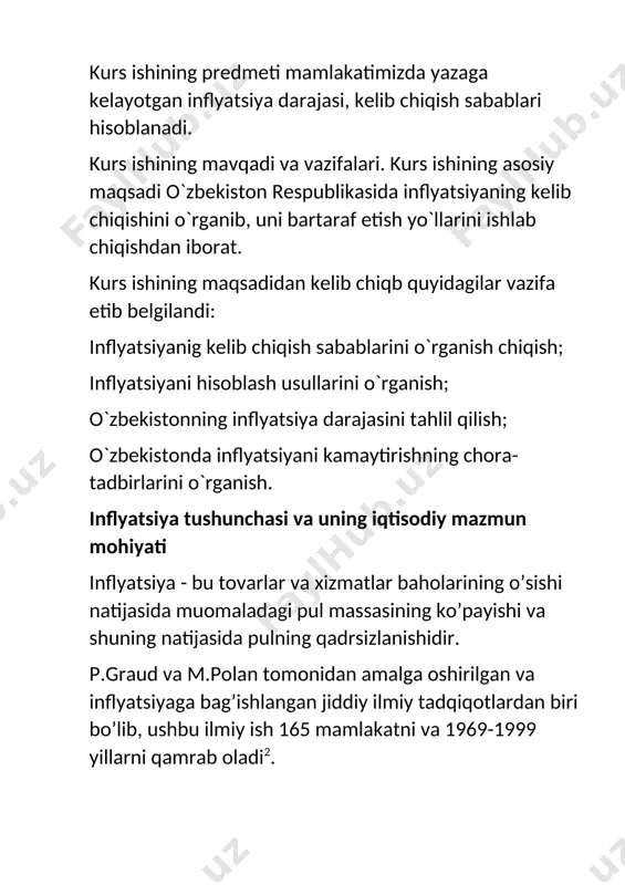 di, bunday sharoitda antiinflyatsion siyosatni amalga oshirish ishsizlikning o’sishiga, iqtisodiyotning pasayishiga olib keladi5. bunday sharoitda, odatda, pullar taklifi ustidan qattiq nazorat o’rnatiladi. bazaviy inflyatsiyaga bag’ishlangan ilmiy tadqiqot ishlari majmuida g.brover va n.erikson tomonidan inflyatsiyaning nomonetar omillarini tadqiq qilishga bag’ishlangan ilmiy izlanish o’ziga xos o’rin tutadi. ushbu olimlar mazkur sohada olib borgan tadqiqotlarining natijalariga asoslangan holda, inflyatsiyaning xarajatli modelini (markup theory ofinlation) yaratdilar6. mazkur modelda inflyatsiyaning uzoq muddatli dinamikasi tadqiq qilinadi va chiqim inflyatsiyasining asosiy omillari sifatida quyidagilar e’tirof etilgan: ish haqi; kommunal xizmatlar tariflari; import qilingan xom-ashyo va butlovchi qismlarning baholari. ish haqi omilini oladigan bo’lsak, ish haqining oshishi natijasida baholarning sezilarli darajada o’sishi yuz berishi mumkin. xalqaro amaliyotdan ma’lumki, agar ish haqi doimiy tarzda oshirib borilsa, u holda, korxonalarda ishlab chiqarish xarajatlarining umumiy darajasi oshadi. bu esa, o’z navbatida, korxonalarni baholarni oshirishga majbur qiladi. aks holda, korxonalar foydasining miqdori kamayib ketadi. bunday sharoitda “ish haqi-baholar” spiralining harakatiga barham berish …