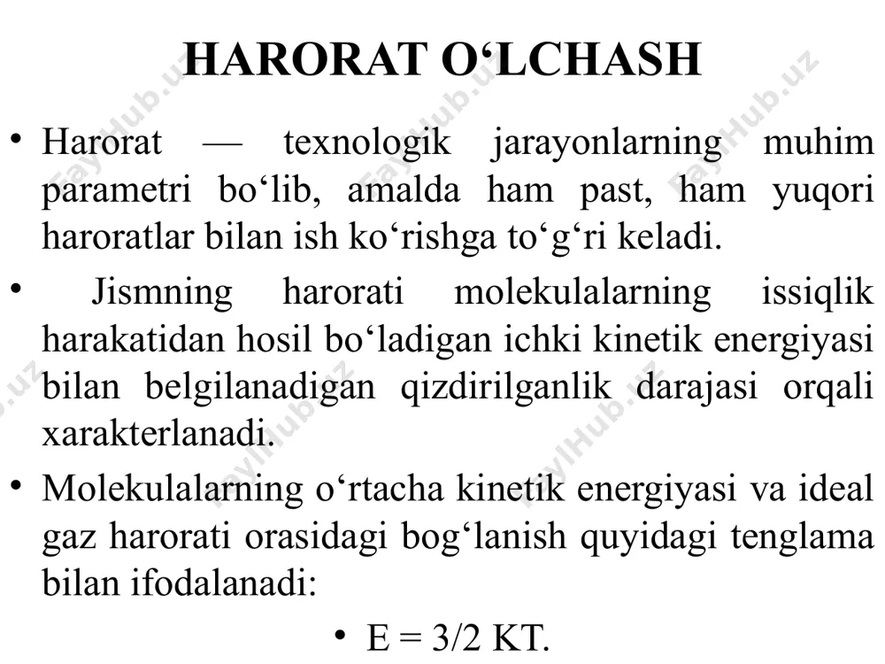 chlik nuqtasidir. bu nuqtaning son qiymati 273,15 k. termodinamik harorat t harfi bilan son qiymatlari esa k bilan ifodalanadi. xalqaro amaliy shkala bo‘yicha o‘lchanadigan harorat t harfi bilan, sonli qiymati esa °c belgisi bilan ifodalanadi. mutlaq termodinamik shkala bo‘yicha ifodalangan harorat bilan shu haroratning xalqaro shkala bo‘yicha ifodasi orasidagi munosabat quyidagi tenglama orqali aniqlanadi: t = t + 273,15 harorat o‘lchash birliklari angliya va aqsh da 1715 yilda taklif qilingan farengeyt shkalasi qo‘llanadi. bu shkalada ikki nuqta: muzning erish nuqtasi (32 °f) va suvning qaynash niqtasi (212 °f) asos qilib olingan. xalqaro amaliy shkala, mutlaq termodinamik shkala va farengeyt shkalasi bo‘yicha hisoblangan harorat munosabati quyidagicha: n — farengeyt shkalasi bo‘yicha graduslar soni. ҳарорат ўлчаш асбоблари замонавий термометрия ўлчашнинг турли усул ва воситаларига эга. ҳар бир усул ўзига хос бўлиб, универсаллик хусусиятига эга эмас. берилган шароитда оптимал ўлчаш усули ўлчашга қўйилган аниқлик шарти ва ўлчашнинг давомийлиги шарти, температурани қайд қилиш ва …