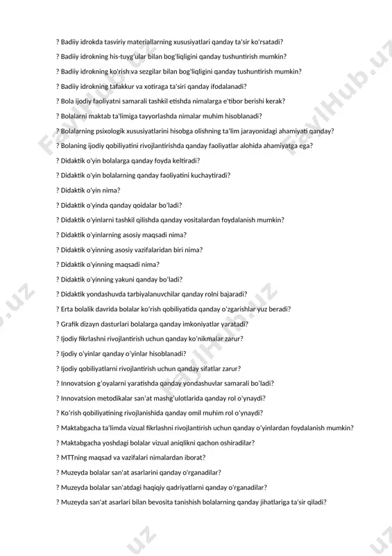 rokda tasavvurning rolini qanday tushuntirish mumkin? ? badiiy idrokda tasviriy materiallarning xususiyatlari qanday ta'sir ko'rsatadi? ? badiiy idrokning his-tuyg'ular bilan bog'liqligini qanday tushuntirish mumkin? ? badiiy idrokning ko'rish va sezgilar bilan bog'liqligini qanday tushuntirish mumkin? ? badiiy idrokning tafakkur va xotiraga ta'siri qanday ifodalanadi? ? bola ijodiy faoliyatni samarali tashkil etishda nimalarga e'tibor berishi kerak? ? bolalarni maktab ta'limiga tayyorlashda nimalar muhim hisoblanadi? ? bolalarning psixologik xususiyatlarini hisobga olishning ta’lim jarayonidagi ahamiyati qanday? ? bolaning ijodiy qobiliyatini rivojlantirishda qanday faoliyatlar alohida ahamiyatga ega? ? didaktik o'yin bolalarga qanday foyda keltiradi? ? didaktik o'yin bolalarning qanday faoliyatini kuchaytiradi? ? didaktik o'yin nima? ? didaktik o'yinda qanday qoidalar bo‘ladi? ? didaktik o'yinlarni tashkil qilishda qanday vositalardan foydalanish mumkin? ? didaktik o'yinlarning asosiy maqsadi nima? ? didaktik o'yinning asosiy vazifalaridan biri nima? ? didaktik o'yinning maqsadi nima? ? didaktik o'yinning yakuni qanday bo‘ladi? ? didaktik yondashuvda tarbiyalanuvchilar qanday rolni bajaradi? ? erta bolalik …