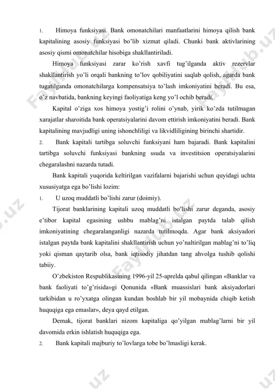 to’lovlarga tobe bo’lmasligi kerak. tijorat banklari kapitalining majburiy to’lovlardan ozodligi bankning barqaror faoliyat yuritishiga keng imkoniyat yaratadi. aksincha, bank kapitali soliq, penya va boshqa to’lovlar, shuningdek, bankning majburiyatlari bo’yicha tobe bo’lsa, uning iqtisodiy barqarorligiga salbiy ta’sir ko’rsatadi va kapital doimo iqtisodiy jihatdan xavf ostida bo’ladi. mazkur holat banklarga o’z nomidan moliya bozorlarida operatsiyalarni amalga oshirishda, omonatchilar va investorlarni bankka jalb qilishda hamda aholining ishonchini ta’minlanishiga salbiy ta’sir ko’rsatadi. 3. bank kapitali omonatchilar va kreditorlarning huquqiy manfaatidan mustaqil bo’lishi lozim. tijorat banklari moliyaviy vositachi sifatida omonatchilar va kreditorlardan juda katta miqdorda mablag’larni jalb etadi. bank kapitali jalb qilingan mablag’larni qaytarish bilan bog’liq bo’lgan holatlar bo’yicha omonatchilar va kreditorlarning manfaatiga bevosita bog’liq bo’lmasligi zarur. ya’ni omonatchilar va kreditorlarning bank kapitaliga nisbatan hech qanday qonuniy yoki bilvosita da’volari mavjud bo’lmasligi zarur. tijorat banklari kapitali tarkibini oqilona shakllantirilishi bank kapitalining mustahkamligiga va uning yetarliligiga ijobiy ta’sir qiladi. bugungi kunda dunyoning ko’pgina mamlakatlarida tijorat banklari …