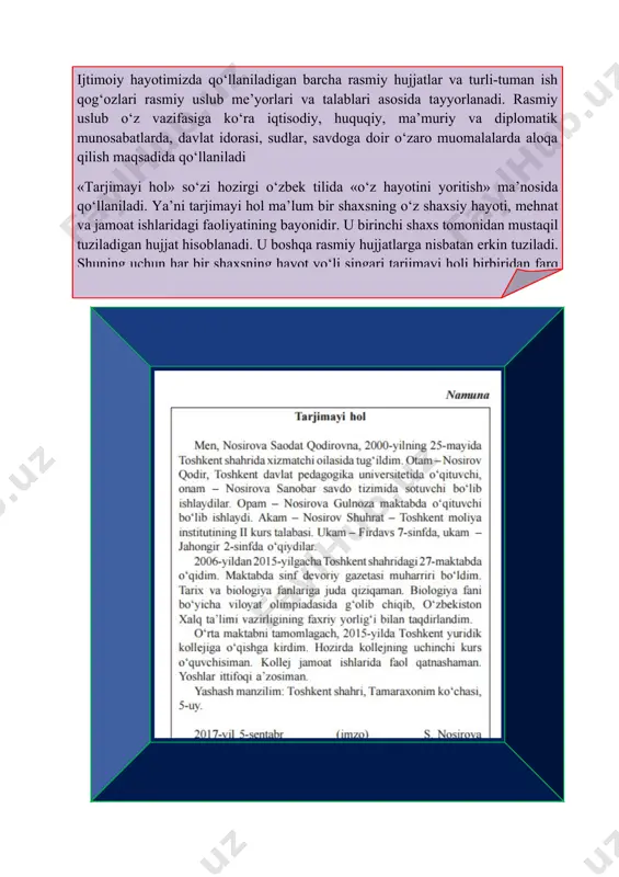 pshiriq. davlat tili deganda nimani tushunasiz? fikrlaringizni bayon qiling va guruh bilan muhokama qiling. ma’lumki, adabiy tilning ijtimoiy hayotdagi ma’lum soha doirasiga, ma’lum nutqiy vaziyatga xoslangan ko‘rinishi nutq uslubi hisoblanadi. nutq uslublarining badiiy ijod sohiblariga xizmat qiluvchi adabiy til ko‘rinishi badiiy uslub termini bilan, ilm-fan ahli faoliyatida qo‘llanuvchi adabiy til ko‘rinishi ilmiy uslub termini bilan, ommaviy axborot vositalari, ya`ni matbuotga xizmat qiluvchi adabiy til shakli publitsistik uslub nomi bilan, ijtimoiy hayotning rasmiy doirasiga xizmat qiluvchi adabiy til ko‘rinishi rasmiy uslub nomi bilan yuritiladi. adabiy tilning sanab o‘tilgan bu ko‘rinishlari o‘zining orfografik, leksik, grammatik va uslubiy xususiyatlariga ega bo‘lib, bir-biridan farqlanadi. davlat tilida ish yuritish qoidalari rasmiy uslubga asoslanadi. bu uslub hujjatlilik xarakteri bilan ajralib turadi. shunga ko‘ra, ijtimoiy hayotimizda qo‘llaniladigan barcha rasmiy hujjatlar va turli-tuman ish qog‘ozlari rasmiy uslub me’yorlari va talablari asosida tayyorlanadi. 9-mashq. “o‘zbekiston respublikasining davlat tili to‘g‘risida”gi qonunidan olingan quyidagi moddalarni daftaringizga ko‘chiring. mazmunini guruh bilan tahlil …