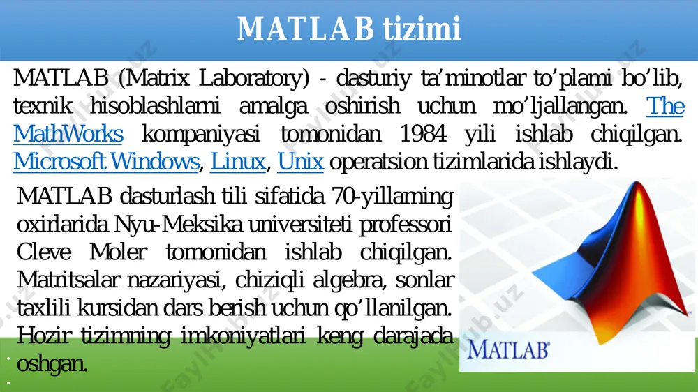 uterda saqlangan fayllarni ochish, yangilash, saqlash, bosmaga chiqarish, dasturdan chiqish kabi bo’limlarni o’z ichiga olgan. edit - menyusi nusxa olish, olingan nusxani joylashtirish, kesib olish, barchasini belgilash, o’chirish, qidirish, fayllarni qidirish, ischi maydonni tozalash, oxirgi amalni bekor qilish kabi bo’limlarni o’z ichiga olgan. view - menyusi dasturning umumiy ko’rinishini o’zgartirsh va hususiyatlarini sozlash imkonini beruvchi bo’limlarni o’z ichiga olgan. matlab dasturining asosiy menyulari: . . debug - menyusi kechiktirilgan ishlarni ochish, qadam bilan ishlash, davom etirish, tozalash, kechiktirilgan darchani yopish kabi bo’limlarni o’z ichiga olgan. desktop - menyusi buyruqlar darchasini qisqartirish, qatlamlar bilan ishlash, uskunalar paneli bilan ishlash imkoni beruvchi bo’limlarni o’z ichiga olgan. window - menyusi barcha darchalarni yopish va boshqa darchalarni ko’rish, hamda ular bilan ishlash imkonini beruvchi bo’limlarni o’z ichiga olgan. help - menyusi dastur haqida ma’lumot beruvchi bo’limlarni o’z ichiga olgan. matlab dasturi . . matlab dasturida vektor va matrisa bilan ishlash. . . matlab dasturi …