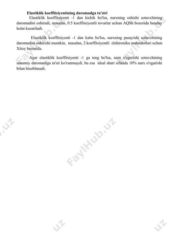 madini oshirishi mumkin, masalan, 2 koeffitsiyentli elektronika mahsulotlari uchun xitoy bozorida. agar elastiklik koeffitsiyenti -1 ga teng bo'lsa, narx o'zgarishi sotuvchining umumiy daromadiga ta'sir ko'rsatmaydi, bu esa ideal shart sifatida 10% narx o'zgarishi bilan hisoblanadi. 📌xulosa талабга эластикликни таҳлил қилиш сотувчининг даромадига таъсирини аниқ кўрсатади. юқори эластикликда нарх пасайтириш даромадни оширади, паст эластикликда эса аксинча. шунинг учун, нарх сиёсатини белгилашда эластикликни ҳисобга олиш муҳим. 📚foydalanilgan adabiyotlar 1. varian, h. r. (2014). intermediate microeconomics: a modern approach. ww norton company. 2. perloff, j. m. (2018). microeconomics. pearson. 3. pindyck, r. s., rubinfeld, d. l. (2017). microeconomics. pearson. 4. kreps, d. m. (2012)