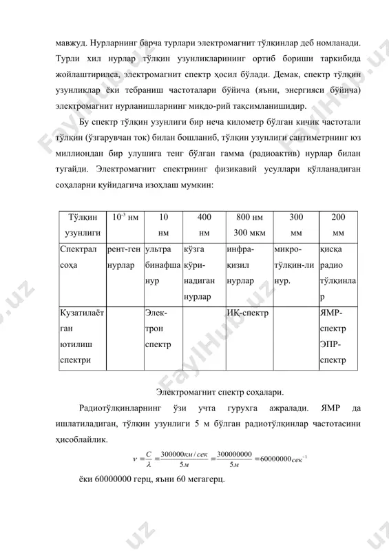 ристалларининг тузилиши (конфигурацияси) тўғрисида маълумот олиш мумкин. комплекс бирикмаларнинг уб спектрларини талқин қилишда комплекс ҳосил қилаётган лиганднинг электрон спектри билан солиштириш мақсадга мувофиқ ҳисобланади. агар лиганд молекуласида хромофор гурухлар бўлса, комплекс ҳосил қилиш натижасида бу гурухларга тегишли бўлган қийматлар ( ва ( ни ўзгаришга учрашишини эътиборга олиб қандай боғлар, гурухлар билан металл иони асосий боғ ва қайси атом, гурухлар билан ёрдамчи боғ (координацияли боғ) ҳосил бўлгани ҳақида фикр юритиш мумкин. демак, уб спектри ёрдамида фақат анорганик комплекс бирикмалар ўрганилиб қолинмасдан органик лиганд билан металл ионларнинг боғланиши натижасида ҳосил бўлган комплекс бирикмаларнинг тузилиши ҳақида муҳим маълумотлар олиш мумкин. шундай қилиб, уб спектроскопия органик моддаларнинг тузилиши ва айрим анорганик моддаларнинг эритмадаги ҳолатини аниқлашда муҳим физикавий усуллардан ҳисобланади, ундан фақат назарий масалаларни хал этишгина эмас, балки моддаларнинг миқдорий анализини олиб боришда ҳам кенг миқёсда фойдаланиш мумкин. адабиётлар рўйхати 1. бенуэлл к. основў молекулярной спектроскопии, м.,"мир" 1985. 2. бахшиев н.т. введение в молекулярную спектроскопию, …