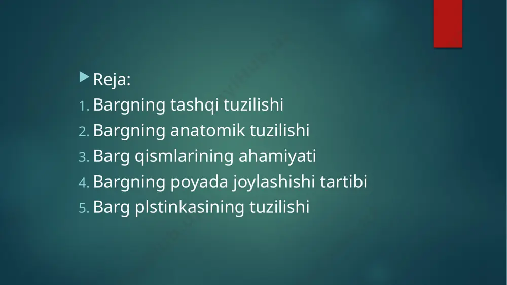 ostida b. eti (mezofill) joylashgan. b. eti koʻpchilik oʻsimliklarda ustki epidermis ostida joylashgan 1 — 2 qator hujayralardan iborat ustunsimon toʻqima va uning ostidagi gʻovak toʻqimadan tashkil topgan. b. eti hujayralari (ayniqsa ustunsimon toʻqima) b.ga yashil rang beruvchi xloroplastlarga boy. xloroplastlar ishtirokida hujayralarda fotosintez sodir boʻladi. b. etidan tomirlar oʻtadi. ular har xil shaklda boʻlib, sistematik ahamiyatga ega. 7 ikki pallali oʻsimliklar b. toʻrsimon yoki patsimon, bir pallalilar esa parallel yoki yoysimon tomirlangan. tomirlar yaproquchun tayanch sinch vazifasini oʻtaydi. tomirlar lub va yogʻochlik tolalaridan hamda oʻtkazuvchi va toʻrsimon naylardan iborat. oʻtkazuvchi naylar orqali suv va mineral oziq moddalar iddizdan barg mezofili hujayralariga toʻxtovsiz kelib turadi. b. hujayralarida sintezlangan mahsulotlar tomirlardagi toʻrsimon naychalar orqali oʻsimlikning boshqa qismlari, ya’ni poya, ildiz, gul, mevalarga yetkazib beriladi. b. yuzasining keng boʻlishi uning karbonat angidridni faol qabul qilishi, koʻp miqdorda suv bugʻlatishi va kislorod ishlab chiqarishiga sabab boʻladi. maydondagi yashil oʻsimliklar bir kecha-kunduzda 150 – …