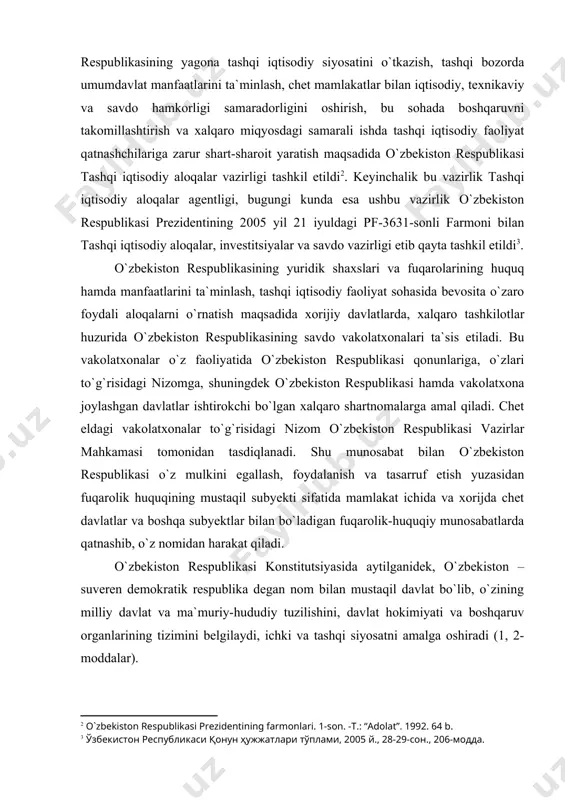 kiston respublikasi konstitutsiyasida aytilganidek, o`zbekiston – suveren demokratik respublika degan nom bilan mustaqil davlat bo`lib, o`zining milliy davlat va ma`muriy-hududiy tuzilishini, davlat hokimiyati va boshqaruv organlarining tizimini belgilaydi, ichki va tashqi siyosatni amalga oshiradi (1, 2-moddalar). davlat fuqarolik-huquqiy munosabatlardagi ishtiroki uning suverenitet sohibi ekanligidan kelib chiqadi. davlat suverenitet sohibi sifatida yagona va bo`linmasdir. shunga binoan davlat fuqarolik-huquqiy munosabatda yakka va yagona subyekt (fuqarolar va yuridik shaxslar kabi ko`p va turli xil emas) deb qaraladi. o`zbekiston respublikasi fuqarolik huquqining boshqa subyektlari bilan teng huquqli ishtirokchi hisoblanadi. davlat – oliy hokimiyat, suverenitet sohibi bo`lganligi tufayli fuqarolik-huquqiy munosabat subyekti sifatida o`ziga xos xususiyatlarga ega. chunonchi: 1. davlat fuqarolik-huquqiy munosabatlari subyekti sifatida fuqarolik huquqi subyektlari amal qiladigan qonunlarni o`zi belgilaydi. 2. davlat organlari fuqarolik huquq va burchlari vujudga kelishining asosi bo`ladigan hujjatlar chiqarishi mumkin (fkning 8-moddasi, 2-bandi). 3. davlat immunitetdan foydalanadi, ya`ni, davlat mol-mulkidan haq undirishga davlat organlari rozi bo`lgandagina yo`l qo`yiladi. 4. huquq …