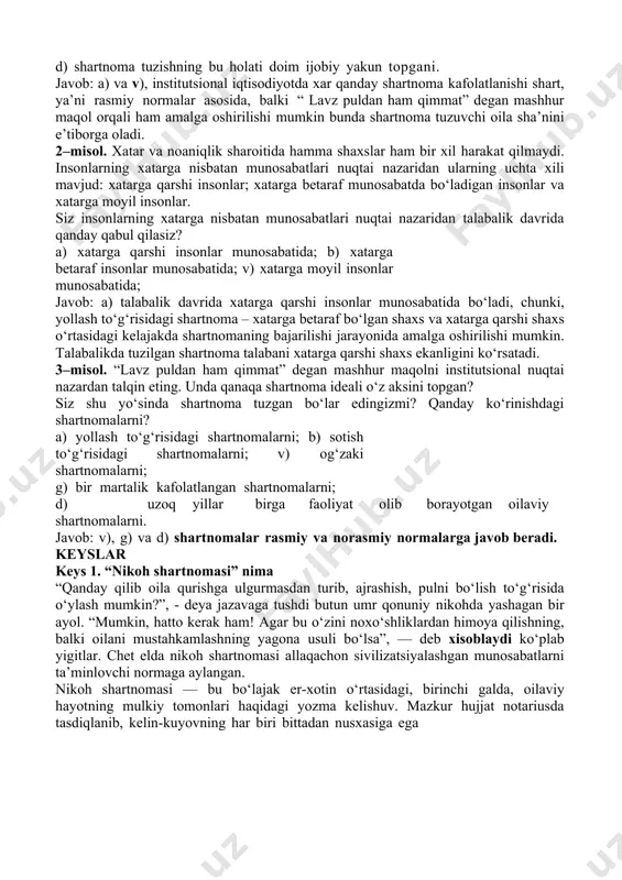 tim ehtiyojlari uchun qo‘llagan holda, ulardan foydalanishadi. agar siz uchun shartnoma tuzish og‘zaki usulda amalga oshirish manfaat keltirsa u holda siz qanday yo‘l tutgan bo‘lar edingiz? a) shartnoma kafolatlanishi shart; b) shartnoma tuzuvchining xuquqiy savodxonligini o‘rganish; v) “lavz puldan ham qimmat” degan mashhur maqol orqali; g) kelgusi davr shartnoma tuzish xolatidan yiroq bo‘lishni anglagan holda; d) shartnoma tuzishning bu holati doim ijobiy yakun topgani. javob: a) va v), institutsional iqtisodiyotda xar qanday shartnoma kafolatlanishi shart, ya’ni rasmiy normalar asosida, balki “ lavz puldan ham qimmat” degan mashhur maqol orqali ham amalga oshirilishi mumkin bunda shartnoma tuzuvchi oila sha’nini e’tiborga oladi. 2–misol. xatar va noaniqlik sharoitida hamma shaxslar ham bir xil harakat qilmaydi. insonlarning xatarga nisbatan munosabatlari nuqtai nazaridan ularning uchta xili mavjud: xatarga qarshi insonlar; xatarga betaraf munosabatda bo‘ladigan insonlar va xatarga moyil insonlar. siz insonlarning xatarga nisbatan munosabatlari nuqtai nazaridan talabalik davrida qanday qabul qilasiz? a) xatarga qarshi insonlar …