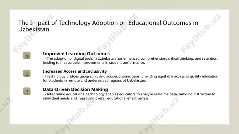 nment. 3 promoting critical thinking - digital literacy emphasizes evaluating sources, recognizing misinformation, and ethical online behavior, which are essential for responsible participation in modern learning contexts. the role of e-learning platforms in bridging educational gaps in uzbekistan expanding access to education e-learning platforms provide flexible, remote access to quality education, especially benefitting students in uzbekistan’s remote or underserved regions. bridging educational gaps digital platforms offer diverse resources, enabling students from various backgrounds to access consistent learning materials, reducing disparities. supporting lifelong learning e-learning fosters continuous skill development and lifelong learning, helping uzbekistan’s population adapt to evolving technological and economic needs. promoting inclusive education in uzbekistan through digital technologies and innovative solutions 01 digital accessibility for all implementing online platforms and adaptive technologies ensures students with disabilities access quality education, promoting inclusivity across uzbekistan. 02 innovative learning tools utilizing ai-driven apps and interactive content caters to diverse learning styles, helping …