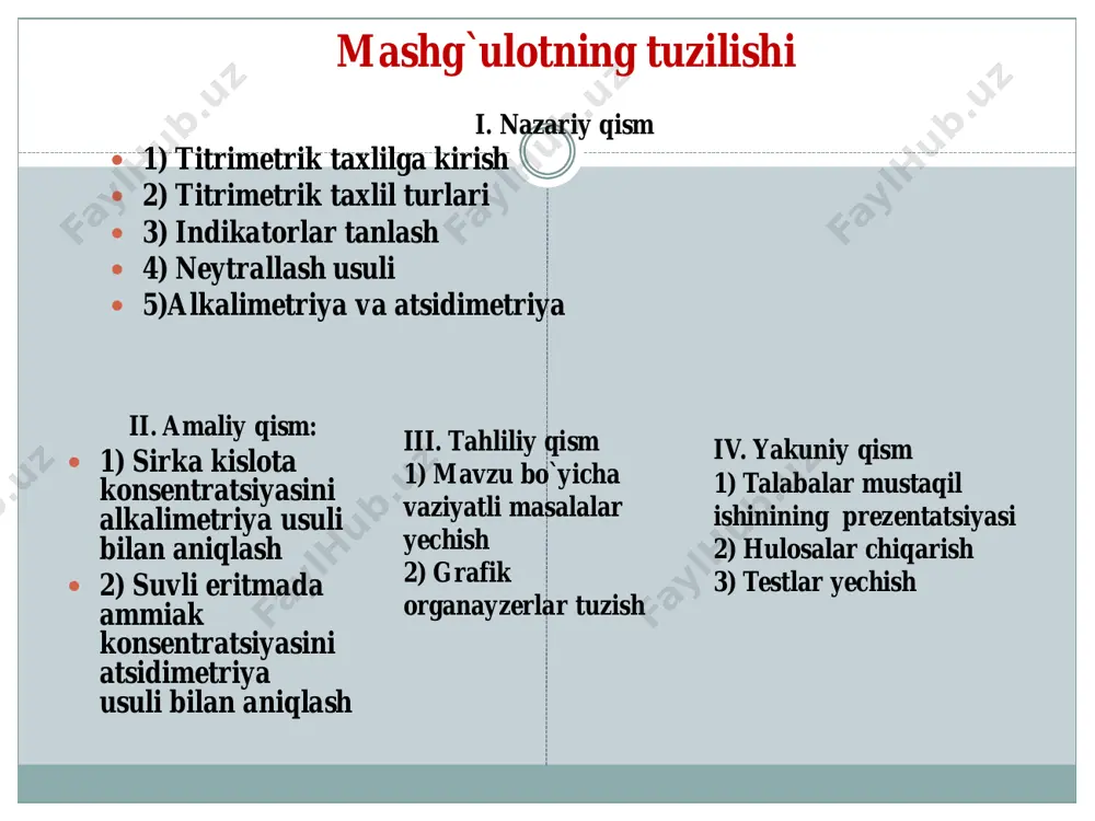 увларнинг таркибини аниқлашда ҳам ишлатилади. oksidlanish-qaytarilish reaksiyalari oksidlanish-qaytarilish reaksiyalari deb elementlarning oksidlanish darajasi о‘zgarishi bilan boradigan reaksiyalarga aytiladi. oksidlanish darajasi – bu moddani hosil qiluvchi bog‘larning barchasi ionli deb taxmin qilingandagi, element atomining shartli zaryadidir. modda tarkibidagi markaziy atomning oksidlanish darajasi eng yuqori qiymatga ega bо‘lsa, modda faqat oksidlovchi, eng past bо‘lsa – modda faqat qaytaruvchi, oraliq bо‘lsa – ham oksidlovchi va ham qaytaruvchi bо‘la oladi. oksidlanish jarayonida element atomi elektronlar bersa, qaytarilish jarayonida elektronlar oladi. elementlar oksidlanish darajasini aniqlashda о‘zgarmas oksidlanish darajasiga ega bо‘lgan atomlarning oksidlanish darajasiga va molekulada atomlarning zaryadlarining yig‘indisi nolga teng bо‘lishiga asoslaniladi. oksidlanish- qaytarilish reaksiyalari molekulalar va atomlararo disprop orsiyala nish sinpropor siyalanish ichkim olekuly ar file:///c:/documents and settings/мои документы/титриметрик тахлил/1.docx file:///c:/documents and settings/мои документы/титриметрик тахлил/1.docx file:///c:/documents and settings/мои документы/титриметрик тахлил/1.docx file:///c:/documents and settings/мои документы/титриметрик тахлил/1.docx file:///c:/documents and settings/мои документы/титриметрик тахлил/1.docx file:///c:/documents and settings/мои документы/титриметрик тахлил/1.docx file:///c:/documents and settings/мои документы/титриметрик тахлил/3.docx file:///c:/documents and settings/мои документы/титриметрик …