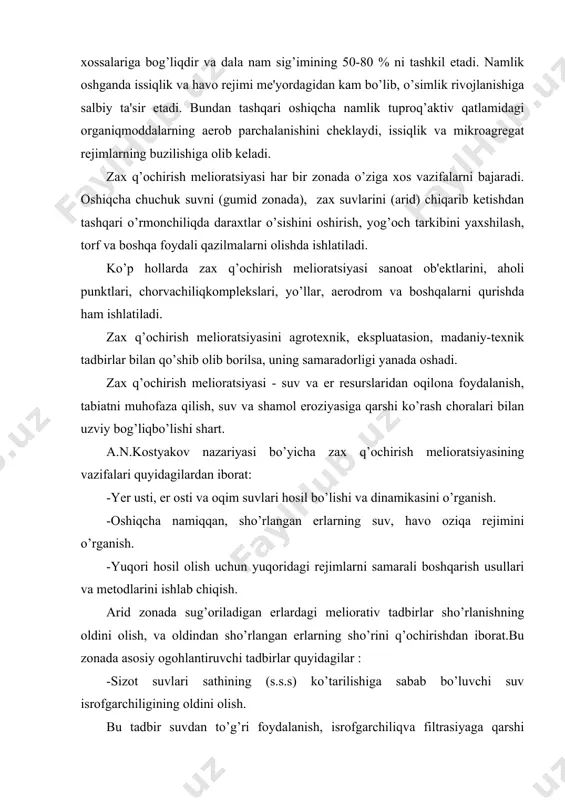 iy ogohlantiruvchi tadbirlar quyidagilar : -sizot suvlari sathining (s.s.s) ko’tarilishiga sabab bo’luvchi suv isrofgarchiligining oldini olish. bu tadbir suvdan to’g’ri foydalanish, isrofgarchiliqva filtrasiyaga qarshi ko’rash, suv aylanishini (obondoz) joriy qilish va shunga o’xshash suvdan oqilona foydalanish tadbirlarini qo’llash orqali, hamda agrotexnik tadbirlar (er tyoki slash, sug’orish texnikasini takomillashtirish) hisobiga amalga oshiriladi. -tuproq’dan bo’layotgan bug’lanish miqdorini barcha yo’llar bilan kamaytirish.agar tuproq’yumshoqholatda bo’lsa undan bo’ladigan bug’lanish miqdori kamayadi va o’simlikning tez rivojlanishi oqibatida erga soya tushib, tuproq’yuzasidan bo’ladigan bug’lanish miqdori ham kamayadi. bundan tashqari almashlab eqishni joriy qilish, dala himoyasi, ihota daraxtlar eqish orqali ham erishish mumkin. -yuqori joylashgan sizot suvlari sathini pasaytirish. sizot suvlar sathini pasaytirish asosan sug’orish rejimini to’g’ri tanlash va filtrasiyaga qarshi ko’rash orqali amalga oshiriladi. ammo kuchli sho’rlangan va sho’r sizot suvlari yuqori joylashgan erlarda faqat agromeliorativ tadbirlar o’zi etmaydi. bunda albatta gidrotexnik tadbirlar ya'ni kollektor-drenaj tizimi (kdt) qurish, sho’r yuvish ishlarini olib borish shart. shunday qilib barcha …