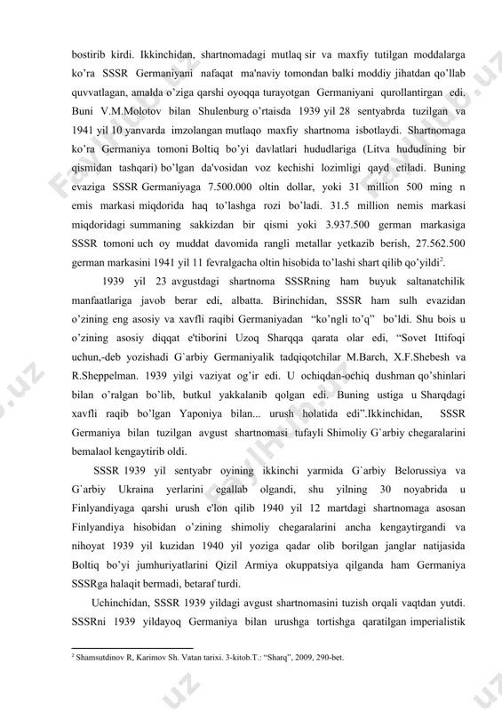 rmaniyaning fashistik davlat mashinasi bu taktik uslubga endi e'tibor qilmadi, nazarga ham ilmadi. sssrga qarshi urush harakatlarini boshlab yubordi. 1941 yil 22 iyunda germaniya sovet ittifoqiga bostirib kirdi. 1.2. ikkinchi jahon urushi yillarida sanoat, fan, maorif va madaniyat. germaniya ustidan qozonilgan tarixiy g’alabada o’zbekiston sanoati va ishchilar sinfining munosib hissasi bor. o’zbekiston ishchilar sinfi urush yillarida yuksak onglilik va uyushqoqlik namunalarini ko’rsatib g’alaba uchun barcha zarur bo’lgan ishlarni qildi. respublika iqtisodiyotini harbiy izga solish, armiyani dushman ustidan g’alaba qozonishini ta'minlashga qodir bo’lgan qudratli harbiy xo’jalikni barpo etish ana shu vazifalardan biri edi. o’zbekistonda 1941 yilning oxirlariga kelib 300 zavod va fabrika qizil armiya uchun qurol-yarog’ va o’qdori ishlab chiqara boshladi. birinchi navbatda turgan masala mudofaa sanoati korxonalarini zarur bo’lgan yoqilg’i, elektor quvvati va metal bilan ta'minlashdan iborat bo’ldi. o’zbekiston kompartiyasi markaziy qo’mitasining 1941 yil 5-7 dekabrda bo’lib o’tgan v plenumi respublika sanoatini harbiy izga solish sohasidagi ishlarga yakun yasadi, o’zbekistonga …