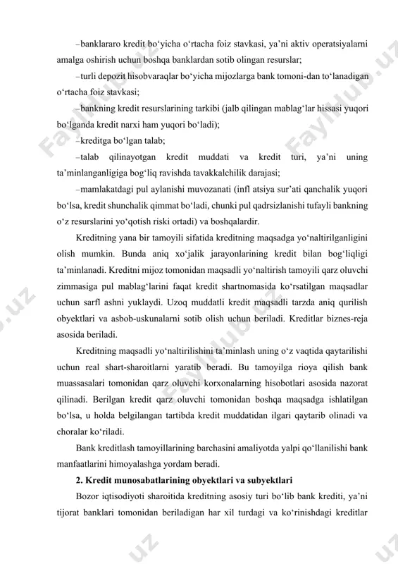 da qaytarilishi uchun real shart-sharoitlarni yaratib beradi. bu tamoyilga rioya qilish bank muassasalari tomonidan qarz oluvchi korxonalarning hisobotlari asosida nazorat qilinadi. berilgan kredit qarz oluvchi tomonidan boshqa maqsadga ishlatilgan bo‘lsa, u holda belgilangan tartibda kredit muddatidan ilgari qaytarib olinadi va choralar ko‘riladi. bank kreditlash tamoyillarining barchasini amaliyotda yalpi qo‘llanilishi bank manfaatlarini himoyalashga yordam beradi. 2. kredit munosabatlarining obyektlari va subyektlari bozor iqtisodiyoti sharoitida kreditning asosiy turi bo‘lib bank krediti, ya’ni tijorat banklari tomonidan beriladigan har xil turdagi va ko‘rinishdagi kreditlar hisoblanadi. kredit munosabatlari yuzaga kelishi uchun uning obyektlari va subyektlari bo‘lishi lozim. bank krediti sohasidagi kredit munosabatlarining subyekti bo‘lib xo‘jalik subyektlari, aholi, davlat va boshqa subyektlar hisoblanishi mumkin. ma’lumki, kreditlash jarayonida kredit munosabatlarining subyektlari bir tomondan kredit beruvchi va ikkinchi tomondan qarz oluvchi sifatida qatnashadilar. kreditorlar bo‘lib, o‘zining vaqtincha bo‘sh turgan pul mablag‘larini ma’lum bir muddatga qarz oluvchi ixtiyoriga beruvchi jismoniy va yuridik shaxslar hisoblanadilar. qarz oluvchi – o‘ziga tegishli …