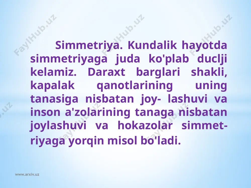 ay simmetriyaga ega bo'lgan shakllar simmetrik shakllar deb ataladi. bu simmetriyani hosil qiluvchi qonun esa simmetriya deb ataladi. simmetriya — geometriya fanining bir qismi bo'lib, uni to4a o'rganish uchun chuqur matematik bilimlarga ega bo'lish lozim. biz esa uning bosh- lang'ich tushunchalari bo'lgan «o'qqa nisbatan simmetriya va markaziy sim­metriya» bilan tanishamiz. www.arxiv.uz xossalar i to'g'ri chiziq bo у lab magistral qaz quvuri o'tgan. a va в qishloq- lariga gaz taqsimlaydigan stansiya uchun с joyni to'g'ri chiziqning qayeri- da tanlansa, stansiyadan bu qishloqlargacha yotqiziladigan qaz quvuri xa- rajatlari arzonga tushadi va uning uzunligi eng qisqa bo(ladi? (ac + с в masofa eng qisqa bo 'lishi uchun с ni qanday tanlash kerak?) — siz qishloqlar magistral gaz quvuriga nisbatan: 1) turli tomonda; 2) bir tomonda joylashgan holda quruvchilarga qanday maslahat berasiz? www.arxiv.uz etiboringiz uchun rahmat! www.arxiv.uz image1.jpeg image2.png image3.gif image4.png image5.jpeg