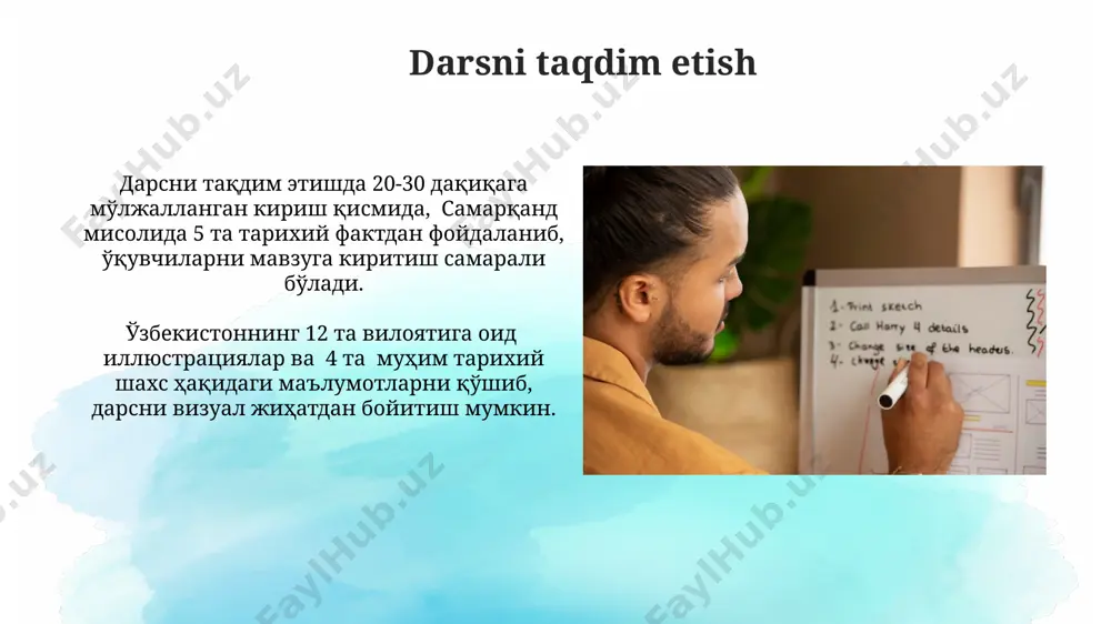 dan ortiq bilimlarini baholash samarqanddagi 2-maktab tajribasida tasdiqlangan. farg'ona viloyatidagi tadqiqotlar shuni ko'rsatdiki, o'quv natijalarini aniqlashda 20 ta o'quvchi namunasi yetarli va ishonchli natijalar beradi. xavfsizlik choralari самарқанд вилоятидаги мактабларда ўтказиладиган "хавфсизлик чоралари" дарсига 10 та интерактив ўйин ва 3 та видеоролик киритиш режалаштирилган бўлиб, булар болаларда хавфсизлик маданиятини шакллантиришга хизмат қилади. ўзбекистон республикасининг 2022 йилдаги "ёшлар хавфсизлиги" дастурига асосланиб, дарсда 7-9 ёшли болаларга йўл ҳаракати қоидалари ва 2 та фавқулодда ҳолатдаги хатти-ҳаракатлар сценарийлари ўргатилади. o'quv maqsadlarini belgilash o'quv maqsadlarini shakllantirishda 2-4 yoshdagi bolalar uchun 3 ta asosiy rivojlanish sohasi (jismoniy, ijtimoiy-emotsional va kognitiv)ni hisobga olish va ularga mos keladigan o'quv vazifalarini belgilab olish muhimdir. samarqand viloyati maktablarida o'tkazilgan tadqiqotlar shuni ko'rsatdiki, o'quv maqsadlarini aniq belgilash dars samaradorligini 20% ga oshiradi va o'quvchilarning faol ishtirokini 15% ga yaxshilaydi. differensiatsiya va inklyuziya inkluziya esa, 5 dan ortiq turdagi nogironligi bo‘lgan 100 nafarga yaqin o‘quvchini samarqand viloyatining umumta’lim maktablarida o‘qitishni ta’minlash uchun …
