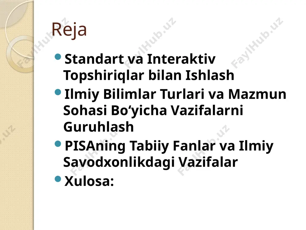 ulalar, kimyoviy tenglamalar va hokazo. biologiya: hayotning asosiy jarayonlari, ekosistemalar, biologik tizimlar va ularning o‘zaro aloqasi. mazmun sohasi bo‘yicha: tabiiy fanlar asoslari: qonuniyatlar, nazariyalar, laboratoriya ishlari. ilmiy tadqiqotlar: tabiiy fanlar bo‘yicha mustaqil tadqiqotlarni o‘rganish, hipoteza qo‘yish va natijalarni tahlil qilish. kognitiv daraja bo‘yicha: bilish: yodlash, tushunish, faktlarni qayta tiklash. qo‘llash: o‘rganilgan bilimni yangi vaziyatlarda qo‘llash. tahlil qilish: ma’lumotlarni taqqoslash, o‘zaro aloqalarni aniqlash. sintetik yondashuv: yangi fikr va g‘oyalar yaratish, muammoni hal qilish uchun yangi usullar ishlab chiqish. baholash: qarorlar qabul qilish, ilmiy asoslarni va natijalarni baholash. 3. pisaning tabiiy fanlar va ilmiy savodxonlikdagi vazifalar pisa — bu o‘quvchilarning o‘rganish kompetensiyalarini baholashga qaratilgan xalqaro tadqiqot bo‘lib, unda ilmiy savodxonlik, matematik savodxonlik va o‘qish savodxonligi o‘lchanadi. tabiiy fanlar va ilmiy savodxonlik sohasidagi topshiriqlar, asosan, o‘quvchilarning ilmiy va texnologik savodxonligini o‘lchashga yo‘naltirilgan. ilmiy savodxonlik — bu o‘quvchilarning ilmiy bilimlarni amaliyotda qo‘llash qobiliyati, ilmiy usullarga asoslangan tahlil qilish va tanqidiy fikrlash qobiliyatini o‘z ichiga …