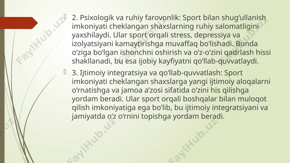 aqalardagi muvaffaqiyatlar va muvaffaqiyatsizliklar ruhiy barqarorlikni rivojlantiradi, bu esa boshqa hayotiy sinovlarda ham o‘zini boshqarish ko‘nikmasini shakllantiradi. 6. hayot sifatini oshirish va umumiy farovonlikni ta’minlash: jismoniy faoliyatning yuqori darajadagi psixologik foydalari hayot sifatini oshirishga katta hissa qo‘shadi. sport nafaqat sog‘lom turmush tarzini qo‘llab-quvvatlaydi, balki shaxsiy hayotda va jamiyatda ijobiy ta'sir qiladi. e’tiboringiz uchun raxmat!!! image1.jpeg /docprops/thumbnail.jpeg