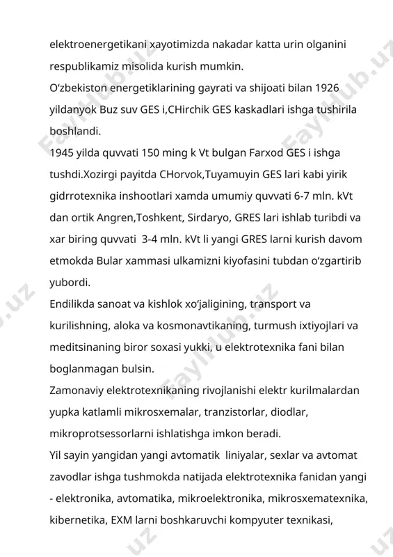 tish, taqiqlangan zonalari qiymati bir-biridan farqlanuvchi yarimo‘tkazgichlar asosidagi o‘tishlar esa geteroo ‘tish deb ataladi. metallarda taqiqlangan zona bo‘lmagani sababli geteroo‘tishlaming xususiy holiga mos, metall — yarimo‘tkazgich deb ataluvchi elektr о ‘tishlar ham elektronikada keng qo‘lianiladi. ko‘p yarimo‘tkazgich asboblar va integral mikrosxemalarning ishlash prinsipi elektr o‘tishlaming xususiyatlariga asoslanadi. muvozanat holatda p-n o‘tish yarimo‘tkazgich asboblarning aksariyati bir jinsli bo'lmagan yarimo‘tkazgichlar asosida yaratiladi. xususiy holda, bir jinsli bo‘lmagan yarimo‘tkazgich monokristallning ma’lum sohasi p - turli, boshqa sohasi n - turli o'tkazuvchanlikni namoyon etadi. yarimo‘tkazgichning p - va n — sohalari chegarasidan ikki tomonda hajmiy zaryad sohasida elektron — kovak o‘tish yoki p-n o‘tish hosil bo‘ladi. uning ishlashmexanizmini oydinlashtirish uchun n – sohadagi elektronlar va p -sohadagi kovaklar soni bir-biriga teng va har bir sohada oz miqdorda noasosiy zaryad tashuvchilar mavjud deb hisoblaymiz. xona temperaturasida p — turli yarimo‘tkazgichda akseptor kirishmalar manfiy ionlari konsentratsiyasi na\ kovaklar konsentratsiyasi pp ga, n – turli yarimo‘tkazgichda esa …