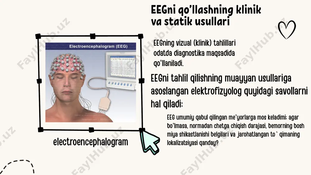 buning sababi shundaki, neyronlarning impuls faoliyati vaqtinchalik parametrlar bo'yicha eeg bilan taqqoslanmaydi. neyronning impuls davomiyligi (harakat salohiyati) 2 mil.sek dan oshmaydi eegning ritmik tezligi o'nlab va yuzlab milisaniyalar hisoblanadi. ochiq miya yoki bosh terisi yuzasidan qayd etilgan elektr jarayonlarida neyronlarning sinaptik faolligi aks etadi hayajonli postsinaptik potentsiallar 30 mil.sekdan ortiq davom etadi korteksning tormoz post-sinaptik potentsiallari 70 mil sek yoki undan ko'proqqa yetishi mumkin. electroencephalogram eegning alohida tarkibiy qismlarining funktsional ahamiyati katta ahamiyatga ega. eeg va uning tarkibiy qismlarining funktsional qiymati. bu erda tadqiqotchilarning eng katta e'tibori har doim alfa-ritm-odamlarda dam olishning dominant ritmi sifatida qayd etilishi bilan belgilanadi. alfa ritmining funktsional roli haqida ko'plab taxminlar mavjud kibernetikaning asoschisi n. viner va undan keyin bir qator boshqa tadqiqotchilar ushbu ritm axborotni vaqtinchalik skanerlash ("o'qish") funktsiyasini bajaradi va idrok va xotira mexanizmlari bilan chambarchas bog'liq deb hisoblashgan. alfa ritmi intraserebral ma'lumotni kodlovchi va afferent signallarni qabul qilish va qayta ishlash jarayoni …