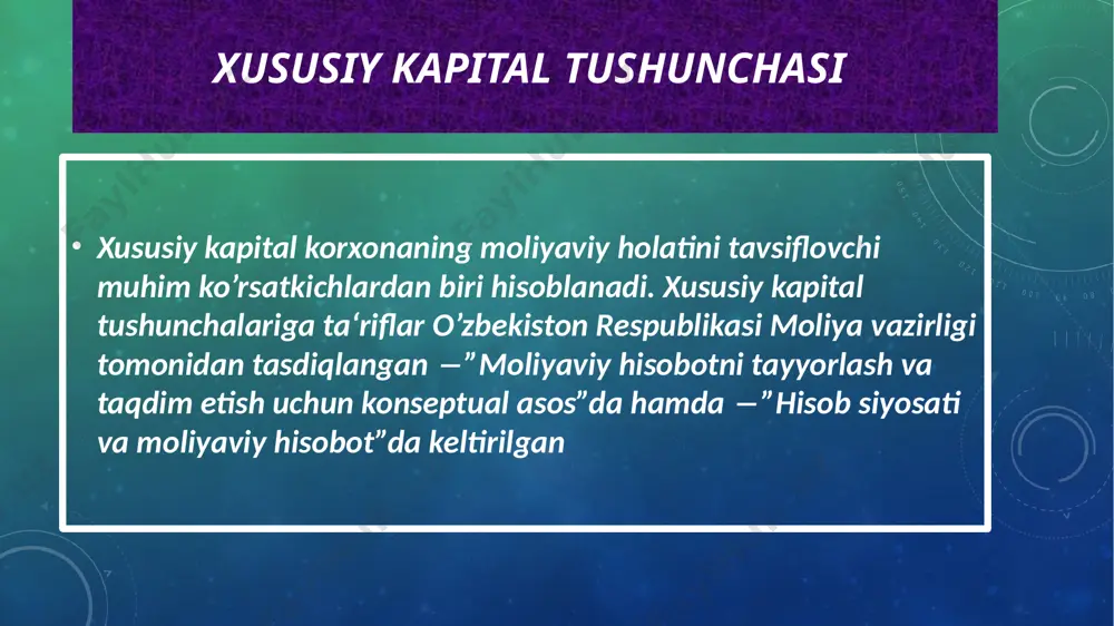 n aksiyalarning soni va qiymati, shuningdek, ularning turlari yoki toifalari to’g’risida; j) hisobot davrida yuz bergan maydalash yoki qo’shib yuborishlar va aksiyalarning maydalanishi yoki qo’shib yuborilishigacha va undan keyingi aksiyalarning nominal qiymati to’g’risidagi. aksiyalarga obunaning borishi chog‗ida olingan mablag‗lar umumiy summasi tushuntirishda quyidagilar bo‗yicha keltiriladi: a) aksiyalar uchun haq sifatida kirim qilingan barcha pul mablag‗lari, aksiyalar soni ko‗rsatilgan holda; b) aksiyalar uchun to‗lov sifatida kirim qilingan mol-mulkning qiymat bahosi, aksiyalar soni ko‗rsatilgan holda; v) aksiyalar uchun haq sifatida kirim qilingan chet el valyutasining umumiy summasi, aksiyalar soni va hisobda valyuta kirim qilingan kursi ko‗rsatilgan holda. ustav kapitali tarkibidagi aksiyalar haqidagi axborot tushuntirishda ayrim turlar va toifalar bo‗yicha keltiriladi: a) chiqarilgan aksiyalar soni, ustav kapitalining to‗lanmagan qismi ko‗rsatilgan holda; b) aksiyaning nominal qiymati; v) muomalada bo‗lgan aksiyalar sonida hisobot davri mobaynidagi o‗zgartirishlar; g) aksiyalar bilan bog’liq huquqlar, imtiyozlar va cheklashlar, shu jumladan dividendlarning taqsimlanishi va kapitalning qaytarib berilishi bo’yicha cheklashlar; d) …