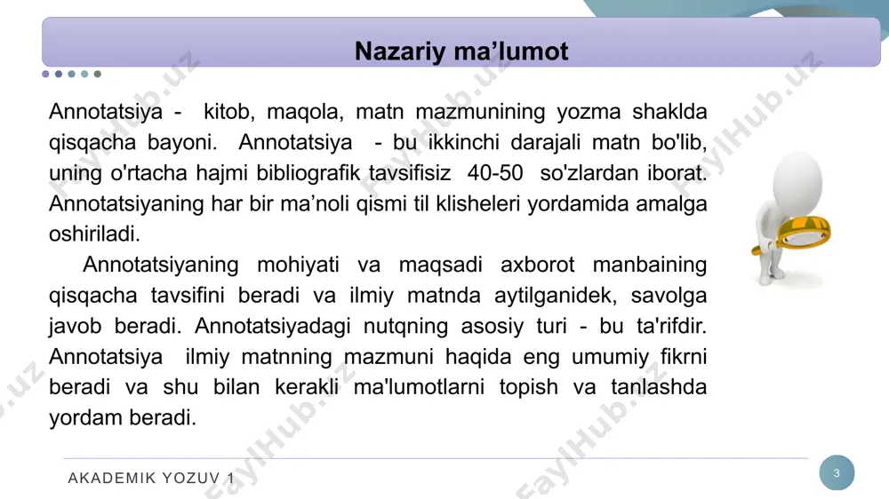 tadqiqot ......kabi muammolarni ko‘rib chiqish orqali olib borilgan. kitobda .... (nima?) tahlil qilingan. asosiy e’tibor .......ga qaratilgan. (nimani?).... qo‘llab, muallif bayon etgan. .....ta’kidlab o‘tilgan. akademik yozuv 1 11 annotatsiyada klishelashtirilgan so‘z birikmalari ..... belgilab berilgan. kitobda (nima?).... berilgan. (nima?) ochib berilgan. asosiy e’tibor (nimaga?) ....masalalariga qaratilgan. ishda (qanday?) muammolarni, (qanday?) masalalarning hal qilinishi aks ettirilgan. ....(ijodiy) xarakteri ko‘rinib turibdi ......mezonlari o‘rnatiladi kitobda...... aniq ochib berilgan .....tavsiflanadi ...... ko‘rib chiqiladi tahlil natijasida maqolada ..... ko‘rsatiladi ..... haqida gapiriladi xotima qismida qichqacha to‘xtalib o‘tadi. akademik yozuv 1 12 namunalar annotatsiya asosan alohida nashr hisoblanadigan o`quv qo`llanmalar, darsliklar va monografiyalarga yozilib, ularda asarning qisqacha mazmuni, ahamiyati, kimlarga mo`ljallab yozilgani o`z ifodasini topadi. akademik yozuv 1 13 namunalar s.a.karimovning a.qodiriy nomidagi xalq merosi nashriyotida 2002-yilda chop etilgan “til ta`limi va me`yor” nomli o`quv qo`llanmasiga yozilgan annotatsiya mazkur o`quv qo`llanmasi v-220100 va 5-220100-filologiya(o`zbek tili va adbiyoti) - bakalavr yo`nalishida tahsil olayotgan 3-kurs talabalariga mo`ljallangan bo`lib, …