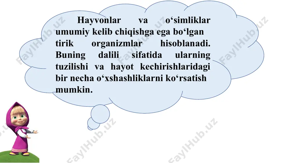 lilar bir hujayralilar ular tabiatda keng tarqalgan. odatda bir hujayralilarning tanasi sitoplazma va bir yoki bir necha yadrodan tashkil topgan. sitoplazma yupqa tashqi membrana bilan o‘ralgan. sodda hayvonlar hujayrasi bo‘linish yo‘li bilan, ya’ni jinssiz va jinsiy yo‘llar bilan ko‘payadi. тashqi muhitning har xil ta’sirla-riga sodda hayvonlarning beradigan javob reaksiyasi asosan harakatlanish orqali amalga oshirilib, u taksis deyiladi. sodda hayvonlarning muhim biologik xususiyatlaridan biri noqulay sharoitda sista hosil qilishidir. ko`phujayralilar hayotiy jarayonlar maxsus organlar, to‘qima va hujayralarda amalga oshirilsa, bir hujayralilarda esa hujayralardagi organoidlar yordamida boradi. ular soxta oyoqlar, xivchinlar yoki kiprikchalar yordamida harakatla-nadi. ko‘pchilik sodda hayvonlar organik moddalar bilan oziqlanadi. ko‘p hujayrali hayvonlarning tanasi xilma-xil tuzilishdagi va turli vazifalarni bajaradigan son-sanoqsiz hujayralardan tashkil topgan. ular mustaqillikni yo‘qotib yaxlit organizmning ayrim tarkibiy qismlari sifatida faoliyat ko‘rsatadi. ko‘p hujayralilar murakkab individual rivojlanish bilan tavsiflanadi. urug‘langan tuxum hujayradan (partenogenezda urug‘lanma-gan tuxum hujayrasidan) voya-ga etgan organizm shakllana-di. bunda urug‘langan tuxum maydalanib, hosil bo‘lgan hujayralarning …