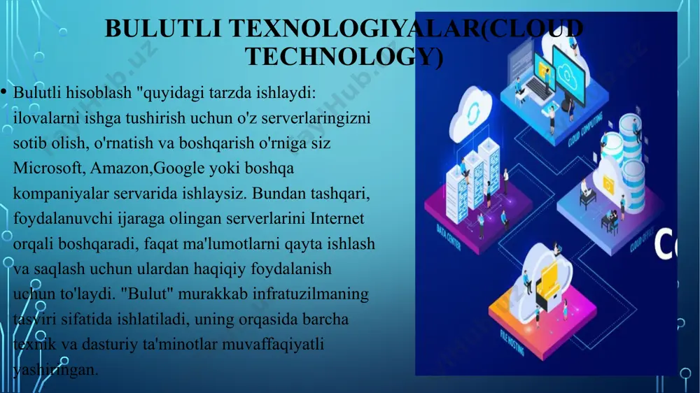qiga ega. saas - storage-as-a-service ("saqlash xizmat sifatida") - dasturiy ta’minotni ta’minlaydi. ushbu modelda foydalanuvchilar faqat tarmoq orqali kerakli dasturlarning ishlashiga kirish huquqiga ega bo‘ladilar. saas modeli allaqachon hujjatlarni tahrirlash va taqdimot qilish, loyihalarni boshqarish uchun arizalarni topshirish uchun ishlatiladi xizmat sifatida platforma (paas) saas modelida: ilova masofadan foydalanish uchun moslangan; bir nechta mijoz bitta dasturdan foydalanishi mumkin; xizmat uchun to'lov har oylik obuna sifatida yoki tranzaktsiyalarning umumiy miqdoridan kelib chiqib olinadi; dasturni qo'llab-quvvatlash allaqachon to'lovga kiritilgan; dastur xodimlarga mijozlarga muammosiz va shaffof ravishda yangilanishi mumkin. saasга gmail, google docs, netflix, photoshop.com, acrobat.com, intuit quickbooks online, ibm lotuslive, unyte, salesforce.com, sugar crm i webex . bulutli xizmat ko'rsatish modeli modelning tavsifii modelning maqsadi iaas server, tarmoq, saqlash manbalari ushbu model platformalarni moslashuvchan va tezkor ravishda qayta konfiguratsiya qilishga imkon beradi. amalga oshirilgan misol - amazonpaas boshqarish interfeysidan bulutli xizmat paas iaas-ni ilovalardan boshqarish interfeysi model sizga bulutni amaliy tizimlardan boshqarish …