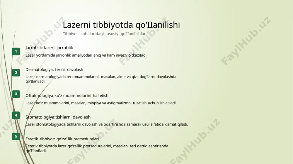 rli protseduralar mavjud bo'iib, natijalari tezda ko'rinadi. lazerning tibbiyotdagi afzalliklari tibbiyotda lazer texnologiyasining yutuqlari tez va samarali natijalar lazerli muolajalar tezda natija berib, bemorlarning vaqtini tejaydi. minimal invazivlik lazer muolajalari minimal invaziv bo'iib, bemorlar uchun xavfsi̇zroqdir. qayta tiklanish jarayonining qisqarishi lazer muolajalari o'simta yoki boshqa kasalliklardan keyin tezroq tiklanishni ta'miniaydi. kamroq og'riq va noqulaylik bemorlar lazer muolajalaridan so'ng kamroq og'riq his qilishadi, bu esa ularni qulayroq his qiladi. har bir bemor uchun mos emas lazer muolajalari barcha bemorlarga mos kelmasligi sababli, har bir holatni alohida ko'rib chiqish zarur. qimmat narxlar lazer muolajalarining narxi qimmat bo'iishi, ko'piab bemorlar uchun muammo tug'diradi. ba'zi hollanda qiyinchiliklar o'zgaruvchan natijalar ba'zi bemorlar uchun lazer muolajalari davomida qiyinchiliklar yuzaga kelîshi mumkin, bu esa qo'shimcha e'tiborni talab qiladi. lazer muolajalarining natijalari har doim barqaror emas, bu esa bemorlar uchun noani̇qliklarni̇ kelti̇rib chiqarishi mumkin. muolajalarni amalga oshirishda e'tibor bularning barchasi lazer muolajalarini amalga oshirishda e'tiborga olinishi lozim, bemorlar …