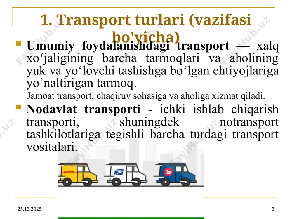 shrut turlari: 26.07.2025 14 4. kamayuvchi yuk oqimi 5. ortib boruvchi yuk oqimi 6. o’zgarmas yuk oqimi 26.07.2025 15 3. yuk tashish uchun transport marshrut prinsipi marshrut turlari: marshrutni tanlash - yuklarni tashish uchun temir yo'l va avtomobil yo'llari, suv va havo yo'llarining oqilona sxemasini tuzish. tashish eng qisqa masofa va vaqt, shuningdek, ularning kombinatsiyasi bo'yicha amalga oshirilishi kerak. agar marshrutlar yaratilsa, yetkazib berish muddatlari aniqlansa va kuzatilsa, xaridorlarning ishlab chiqarish va tovar zahiralari 1,5-2 barobarga qisqarishi mumkin. marshrutlarni ishlab chiqish uchun matematik usullar, tarmoqni rejalashtirish usullari va boshqalar qo'llaniladi. zamonaviy transport kompaniyalarida marshrutlarni ishlab chiqish uchun maxsus dasturiy paketlar mavjud. 26.07.2025 16 3. yuk tashish uchun transport marshrut prinsipi 3. yuk tashish uchun transport marshrut prinsipi 26.07.2025 17 korxonada logistikani to'g'ri qurish kompaniyaning muvaffaqiyatli va samarali ishlashining mezoni hisoblanadi. buning maqsadi ishlab chiqarishda moddiy oqimni optimal tashkil etish va ishlab chiqarish, sotish va yetkazib berish jarayonida tovarlarni tashish uchun …