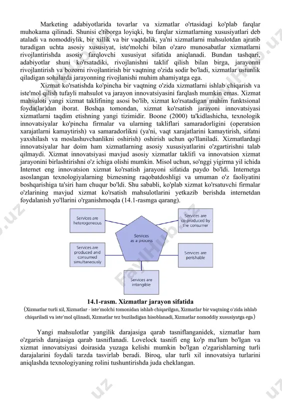 tish iqtisodiyotining har bir sohasi (masalan, dam olish, xayriya, davlat xizmatlari, moliyaviy xizmatlar) o'ziga xos muammolar majmuasiga ega. biroq, shu bilan birga, ushbu sektorlarning ayrimlari o'rtasidagi farqlar xiralashgan. ba'zi xayriya tashkilotlari va notijorat tashkilotlari xususiy sektor bilan raqobatlashish uchun o'z xizmatlarini taklif qilmoqdalar. sog'liqni saqlash tizimi bunga misol bo'la oladi. xuddi shunday, bbc kabi davlat tomonidan moliyalashtiriladigan ba'zi tashkilotlar o'z xizmatlarini tijorat dunyosida taklif qiladi va katta daromad manbalarini yaratadi. bbc iplayer endi youtube va boshqalar kabi tijoriy o'yinchilar bilan raqobatlashadi. 14.1-jadval xizmatlar tasnifini taqdim etadi va buxgalteriya kabi professional biznes xizmatlarini va kutubxonalar kabi davlat xizmatlarini o'z ichiga oladi. ushbu umumiy ko'rinish xizmat tushunchasini ochib berishga yordam beradi. u xizmatlarning turli sohalarini aniqlab beradi va har bir sektor duch keladigan turli muammolarni ko'rsatadi. 14.1-jadval xizmatlar tipologiyasi xizmatlar business-to-business xizmatlar (an'anaviy) bilim talab qiladigan biznes xizmatlari (kibs) iste'molchi xizmatlari kompaniyaning ichki xizmatlari ommaviy xizmatlar notijorat xizmatlar tavsif korxonalar uchun ko'rsatiladigan …