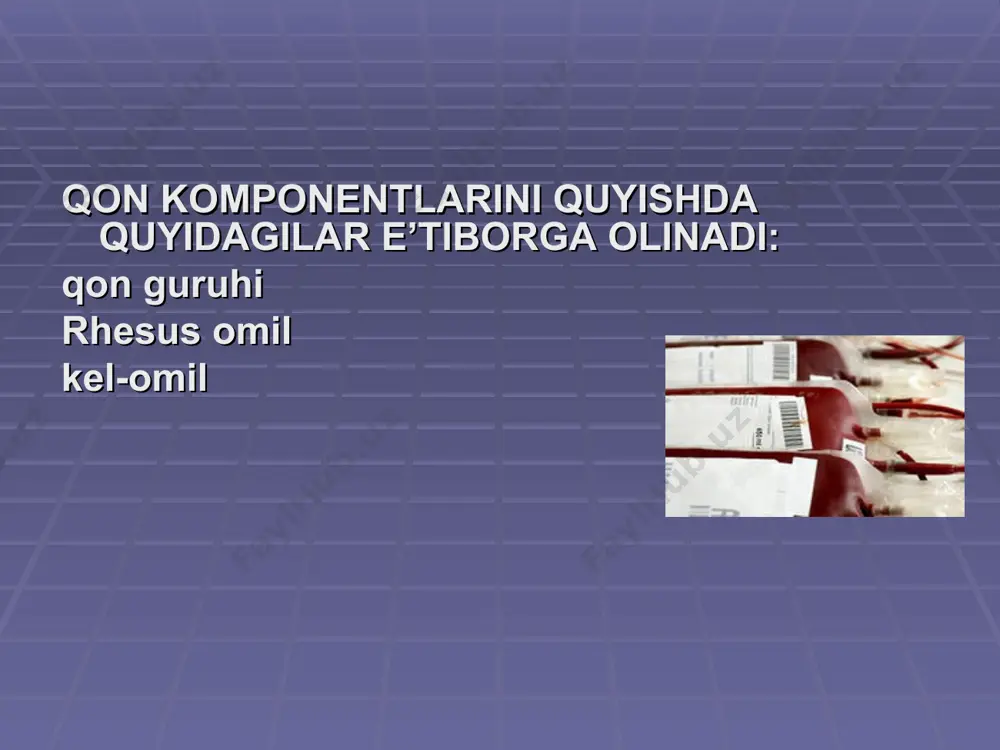 sh qon guruhi rezus omil leykotsitar massa – lм leykotsitlar, eritrotsitlar va trombotsitlar o’rnini to’ldirish qon guruhi rezus omil kel – omil plazma yo’qotilgan plazma va aqh o’rnini to’ldiriush qon guruhi qon komponentlari qon preparatlari kompleks ta’sir qiluvchi: albumin protein 2. immunologik ta’sir qiluvchi: gammaglobulinlar immunoglobulinlar 3. gemostatik ta’sir qiluvchi: fibrinogen trombin biologik aktiv tampon - bat gemostatik gubka qon o’rnini bosuvchi suyuqliklar gemodinamik shokga qarshi ta’sir: poliglyukin jelatinol heas reopoliglyukin volekam makrodeks 2. detoksikatsion ta’sir gemodez polidez 3. parenteral oziqlantirish uchun preparatlar: oqsil gidrolizatlari: gidrolizin, aminokrovin….. uglevodlar: glyukoza 5 – 20% er-ri aminokisltalarning aralashmalari: vamin, infuzamin, ….. yog’ emulsiyalari: intralipid, lipofundin, lipomul, ….. qon o’rnini bosuvchi suyuqliklar 4. suv-tuz va kislota-ishqor muvozanati regulyatorlari: kristalloidlar: natriy xlorid eritmasi, atsesol, ringer er-i, natriy gidrokarbonat, …… osmodiuretiklar: mannitol, sorbotol 5. kislorod tashuvchilar: erigel, perftoran, gelenkol, perfukol