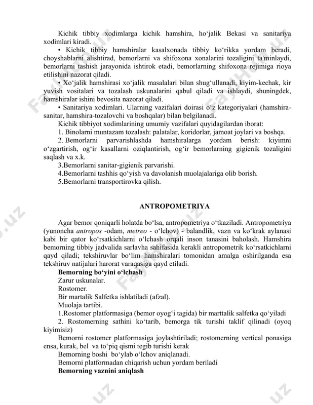 ga yordam beradi, biokimyoviy tekshiruvlar uchun venadan qon olishni amalga oshiradi. operatsion hamshiralar jarroxga jarroxlik aralashuvini amalga oshirishga yordam beradi, jarroxlik apparatlarini, chok qo‘yish ashyolarini va bintlarni tayyorlaydi hamda jarroxlik uchun bog‘lamlarni tayyorlaydi. uchastka hamshirasi uchastka shifokorga tayinlangan hududda yashovchi bemorlarni qabul qilishda yordam beradi, uy sharoitida davolanadi va profilaktik chora-tadbirlarda ishtirok etadi. qabul bo‘limida faoliyat yurituvchi hamshira bemorlarni tor mutaxassislik (okulist, otorinolaringolog, nevropatolog va boshqalar) shifokorlari bilan qabul qilish bo‘yicha ishlaydi. dietaolog hamshira dietolog shifokorning raxbarligi ostida parhez ovqatlanishni tashkil qiladi va sifatini nazorat qiladi, menyudan foydalanadi, oshxona ishlov berish va oziq-ovqat mahsulotlarini taqsimlashni, bemorlarning oshxonasi va ovqatlanish xonasining sanitar holatini nazorat qiladi. hamshiralarning vazifalarini aniq taqsimlanganligiga qaramasdan umuman o‘rta tibbiyot bo‘g‘ini uchun qabul qilingan vazifalar doirasi mavjud: 1. tibbiy xizmatlarni bajarish: inektsiya, dori-darmonlarni tarqatish, huqna qilish va boshqalar. 2. hamshiralik jarayonini o‘tkazish, jumladan: hamshiralik ko‘rigini o‘tkazish – bemorni dastlabki tekshirish, tana haroratini o‘lchash, nafas olish harakati va yurak …
