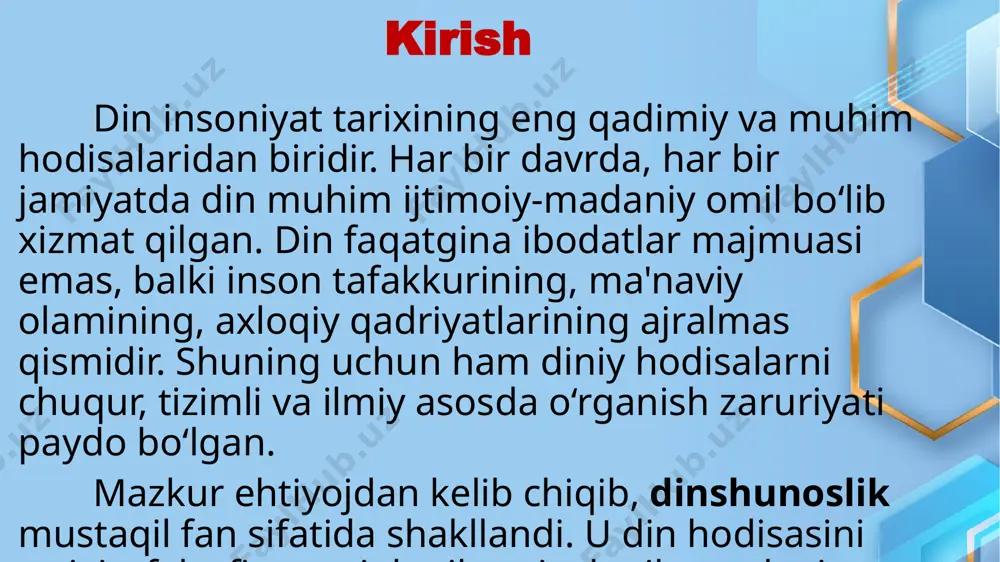 la oladi 4. dinshunoslikning kategoriyalari dinshunoslik fanida “kategoriya” tushunchasi diniy hodisalarni chuqur tahlil qilish, tushunish va tavsiflashda ishlatiladigan asosiy ilmiy tushunchalarni anglatadi. bu kategoriyalar dinni har tomonlama o‘rganish imkonini beradi. quyida asosiy kategoriyalar yoritiladi: a) dinni tushunish va talqin qilish kategoriyalari bu kategoriyalar orqali dinning mohiyati, uning inson tafakkuri va hayotiga ta’siri tahlil qilinadi: dinni tafsir qilish (talqin): muqaddas matnlar, diniy rivoyatlar va aqidalar qanday tushuniladi. dinning subyektiv va obyektiv jihatlari: ya’ni shaxsiy e’tiqod bilan diniy tizim o‘rtasidagi farq. dinning shakllari: ibtidoiy dinlar, politeizm, monoteizm, sekulyarizatsiya jarayonlari. bu yondashuv dinni nafaqat aqidaviy, balki falsafiy va sotsiologik jihatdan ham o‘rganishga imkon beradi. b) muqaddaslik, e’tiqod, diniy marosim va rasm-rusum tushunchalari bu kategoriyalar diniy hayotning asosiy unsurlarini tushunishga xizmat qiladi: muqaddaslik – din uchun alohida ahamiyatga ega bo‘lgan narsalar, joylar, matnlar va shaxslar (masalan: qur’on, ka’ba). e’tiqod – insonning ichki diniy ishonchi va ruhiy bog‘lanishi. diniy marosimlar – ibodatlar, duo, ro‘za, ziyorat …