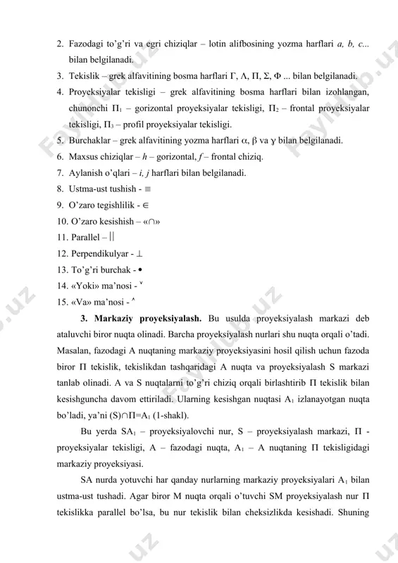 vchi nurda yotsa, u holda bu nuqtalar bitta proyeksiyalovchi markazga va berilgan tekislikda esa bitta markaziy proyeksiyaga ega bo’ladi (2-shakl). shuning uchun markaziy proyeksiyalarda proyeksiyalar tekisligi va markazi berilgan bo’lsa har bir nuqta o’zining shu tekislikdagi proyeksiyasini aniqlay oladi, lekin nuqtaning proyeksiyasi esa uning fazodagi vaziyatini aniqlay olmaydi. chunki har qanday proyeksiyalovchi to’g’ri chiziqda chekiz ko’p nuqtalar yotishi mumkin. s markazdan o’tuvchi proyeksiyalovchi nurlar to’plami har xil geometrik shakllarni (sirtlarni) hosil qiladi. 3-shakl, a, b dapiramida va konus sirtlarining hosil bo’lishi keltirilgan. fazodagi geometrik shakllarning (sirtlarning) tekislikdagi proyeksiyalarini hosil qilish uchun shaklning asosiy, masalan: mkn nuqtalarini s nuqta bilan birlashtirib, nur chiziqlarini ( tekislik bilan kesishguncha davom ettiriladi, natijada barcha chiziqlar s nuqta orqali o’tib, chiziqlar dastasini hosil qiladi. bu chiziqlar dastasi ( tekislik bilan kesishib m1, k1 va n1 markaziy proyeksiyalarini hosil qiladi. hosil bo’lgan nuqtalarni o’zaro birlashtirib, sirtlarning ( tekislikdagi geometrik markaziy proyeksiyalariga ega bo’linadi. 4. parallel proyeksiyalash. …