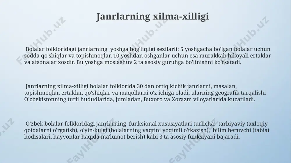 . "qahramonlarning xarakteristikasi"da uchraydigan sehrli buyumlarning 30%i, 12 ta ertak namunalarida tahlil qilinganda, 7-asrga oid afsonalar bilan bog'liq elementlarni aks ettiradi. bolalar folklori namunalarining o'ziga xos xususiyatlarini aniqlash bolalar folklori namunalarining o'ziga xos xususiyatlaridan biri – ularning 80% dan ortig'ida tabiat hodisalari, hayvonlar va o'simliklar insoniy xususiyatlarga ega holda tasvirlangan va bu 5 yoshdan 10 yoshgacha bo'lgan bolalar uchun mo'ljallangan. tadqiqot natijalari 3 ta asosiy turdagi bolalar folklori namunalarini aniqladi: ertaklar (55%), topishmoqlar (25%) va qo'shiqlar (20%), har bir tur o'ziga xos til va uslubiy xususiyatlarga ega. bolalar folklori namunalarining 70% dan ortig'i o'zbekistonning turli hududlaridan, jumladan, buxoro va xorazm viloyatlaridan to'plangan afsona va ertaklardan iborat bo'lib, ularda sehr-jodu va sehrli mavjudotlar tasvirlangan. o'zgarishlar va modifikatsiyalar “o'zgarishlar va modifikatsiyalar”da, bolalar folklorining 50 dan ortiq namunasi tahlil qilingan bo'lib, shundan 20 tasi farg'ona vodiysidan olingan, ularning mazmuni va tuzilishidagi o'zgarishlar aniqlangan. tadqiqot natijalariga ko'ra, "o'zgarishlar va modifikatsiyalar"da 15 ta turli xil …